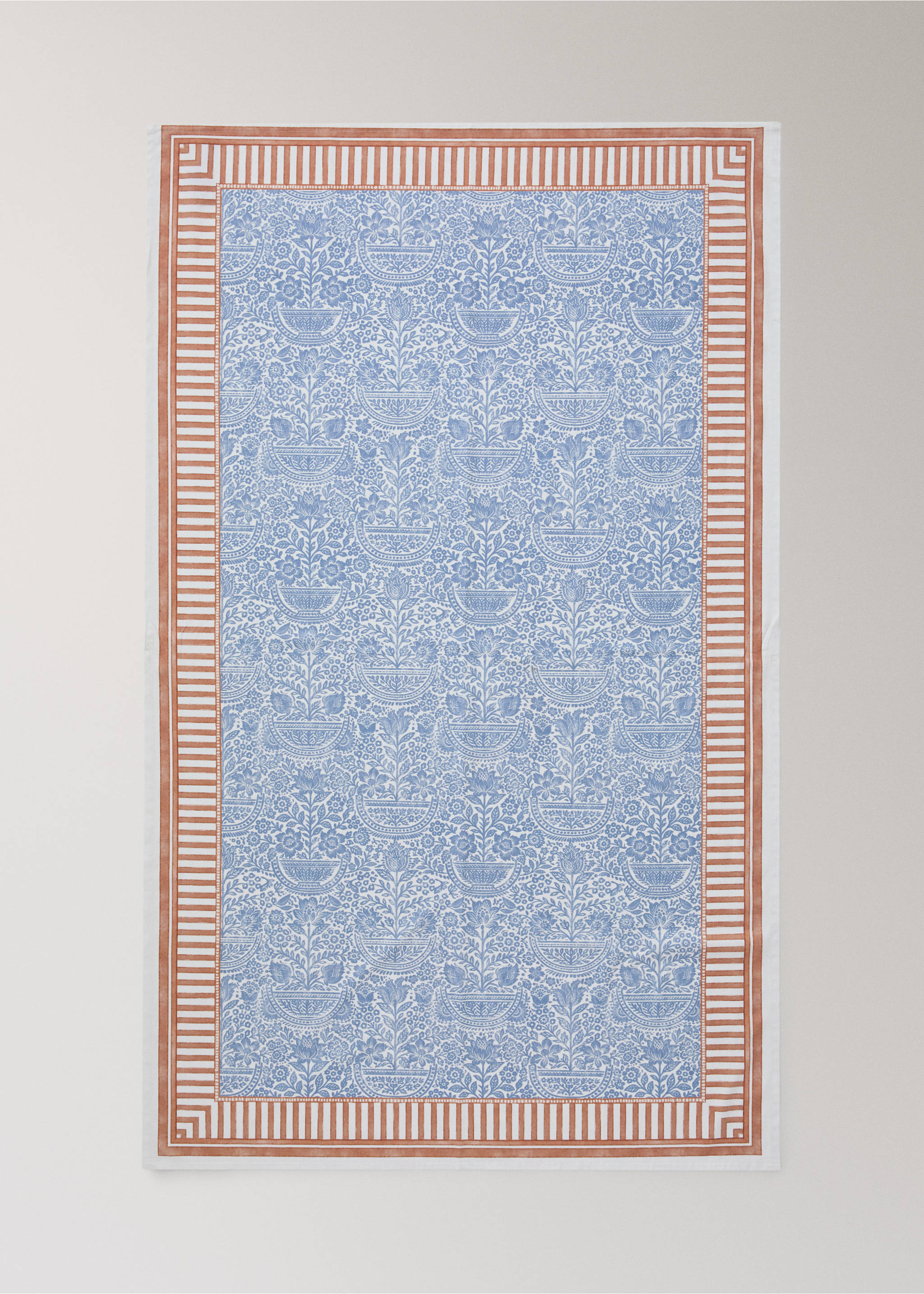 Cotton tablecloth with striped floral patterns for 2 to 4 diners - Details of the article 4, Blue. Ref: 27001530-00.
