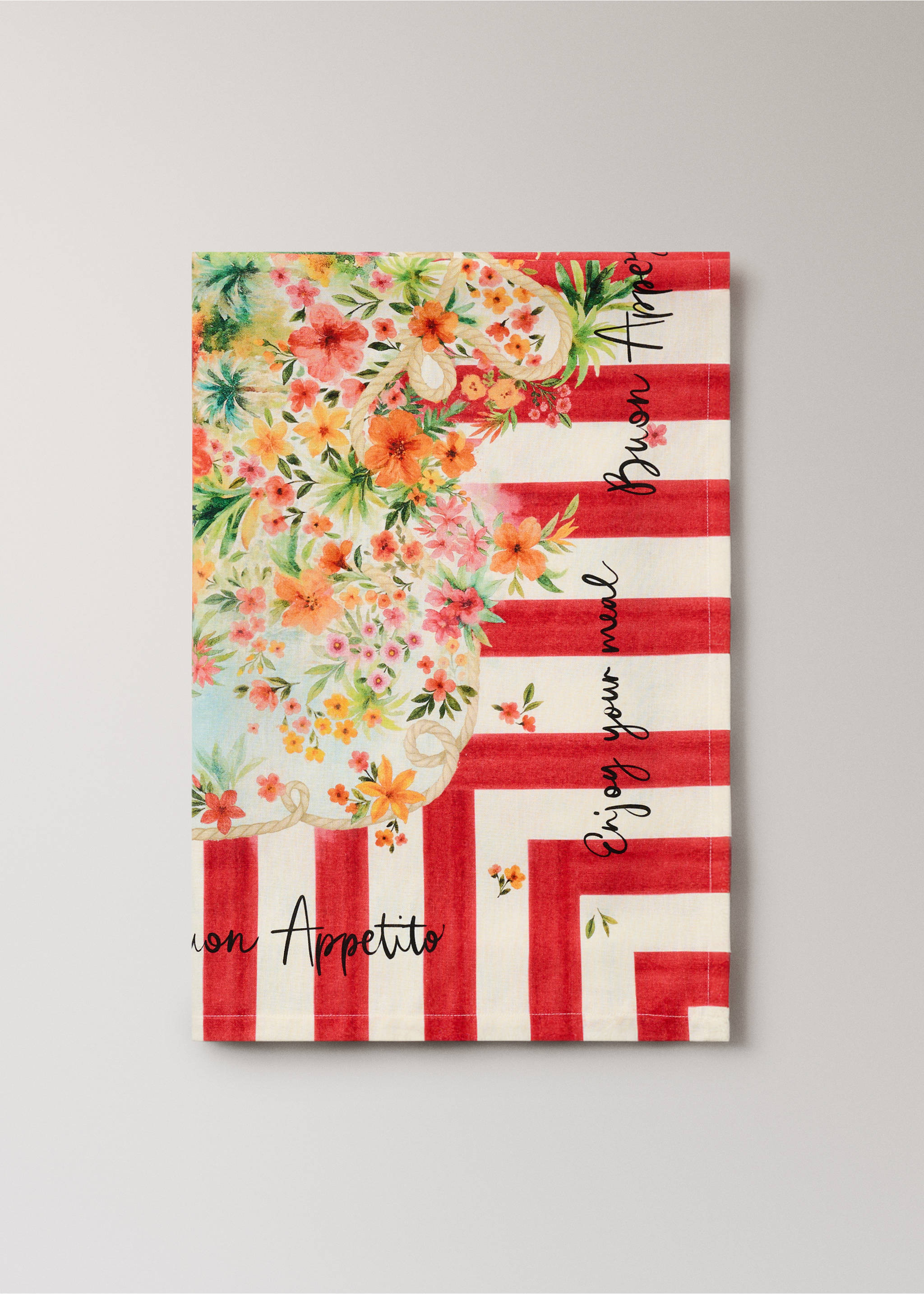 Striped floral print cotton linen tablecloth for 6 to 8 people - Article without model, Red. Ref: 27001531-00.