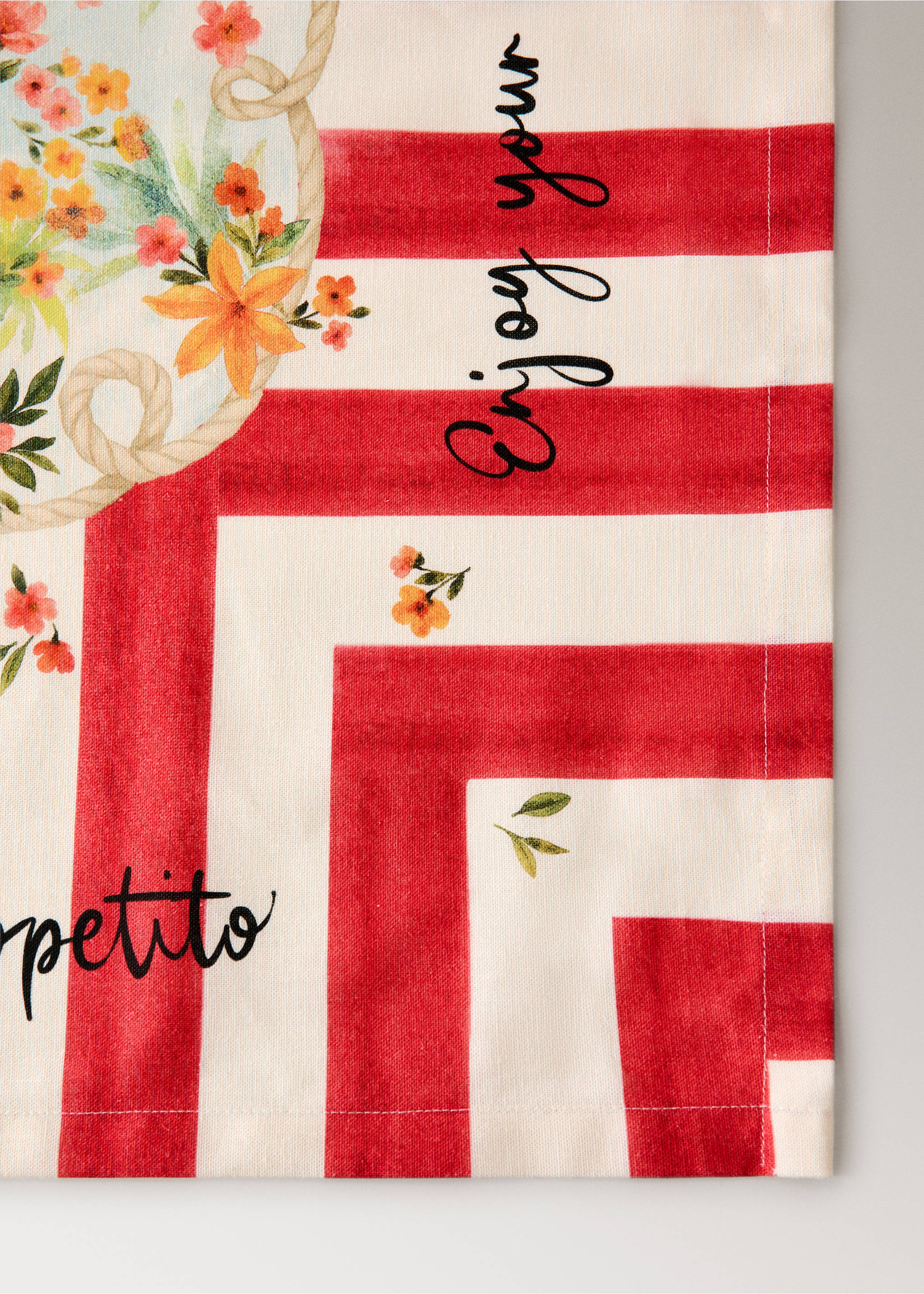 Striped floral print cotton linen tablecloth for 6 to 8 people - Details of the article 2, Red. Ref: 27001531-00.