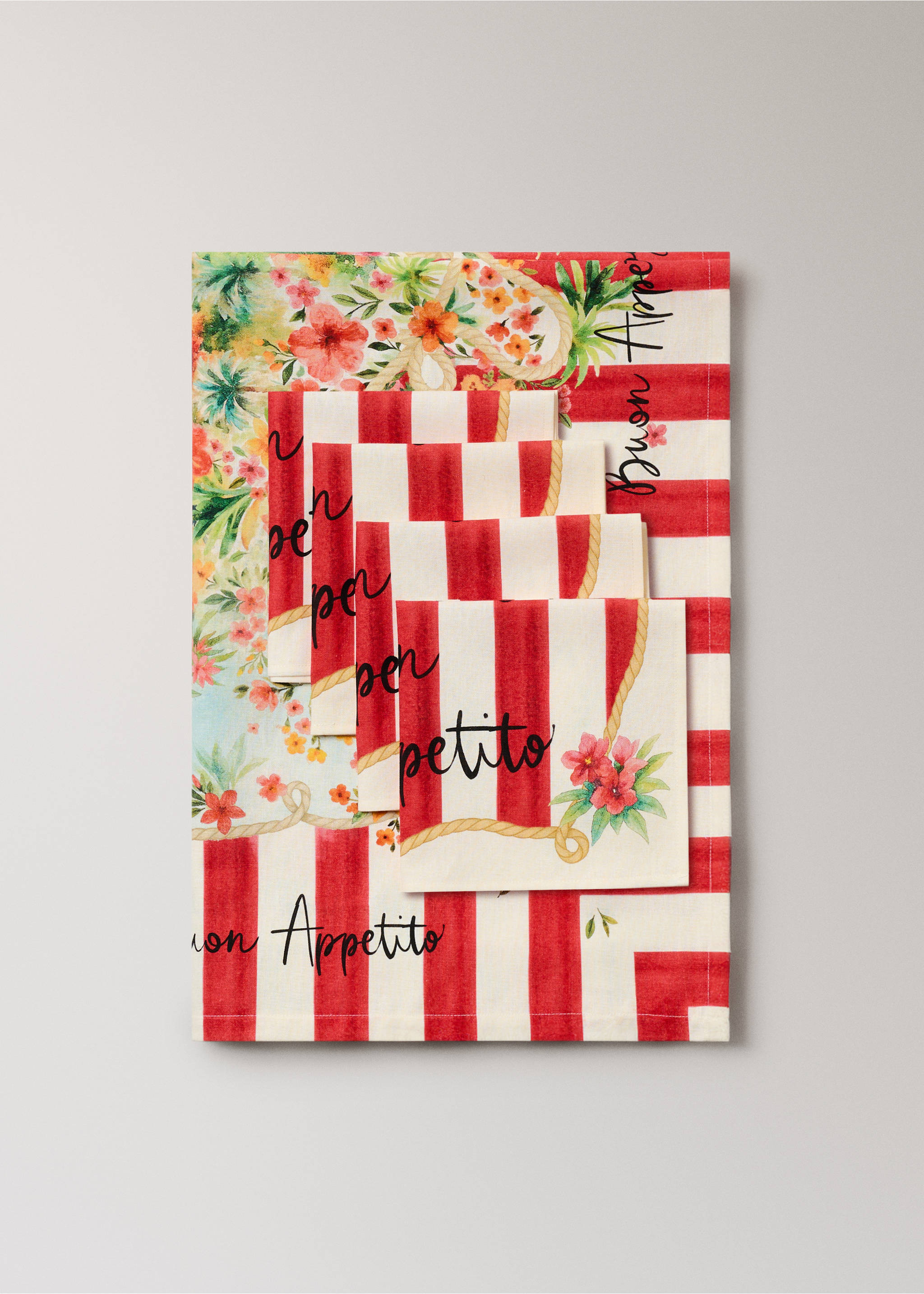 Striped floral print cotton linen tablecloth for 6 to 8 people - Details of the article 3, Red. Ref: 27001531-00.