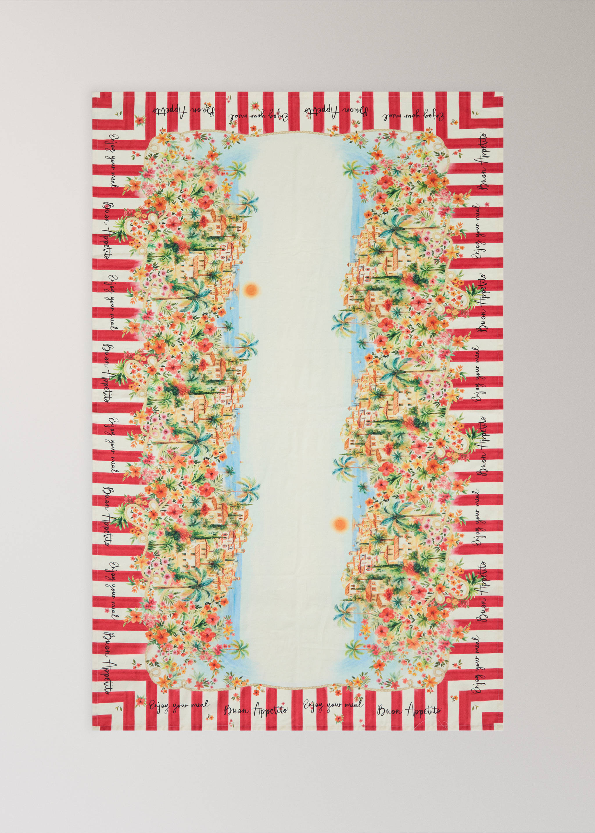 Striped floral print cotton linen tablecloth for 6 to 8 people - Details of the article 4, Red. Ref: 27001531-00.