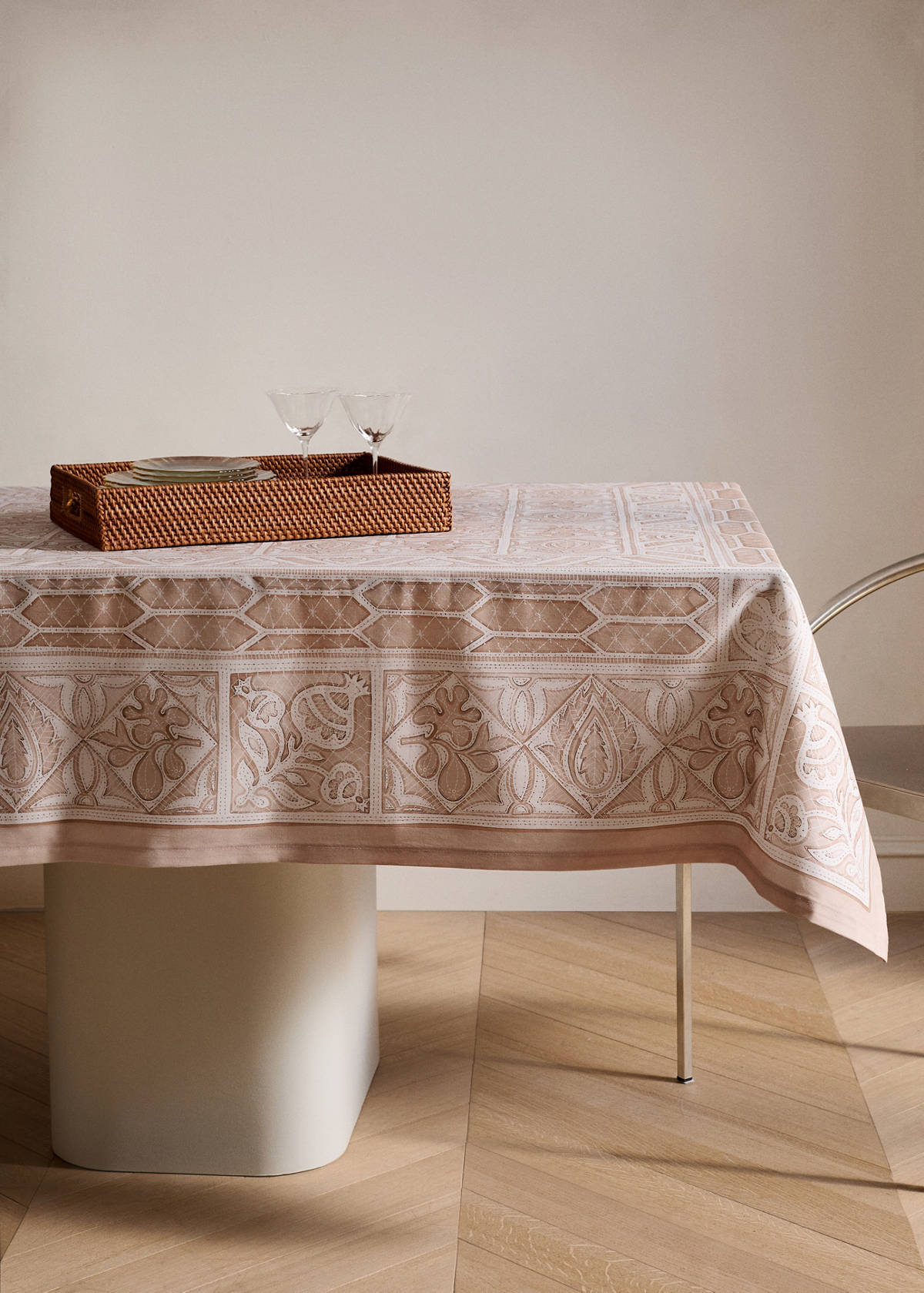 Cotton lace-effect tablecloth for 6 to 8 guests — Peach