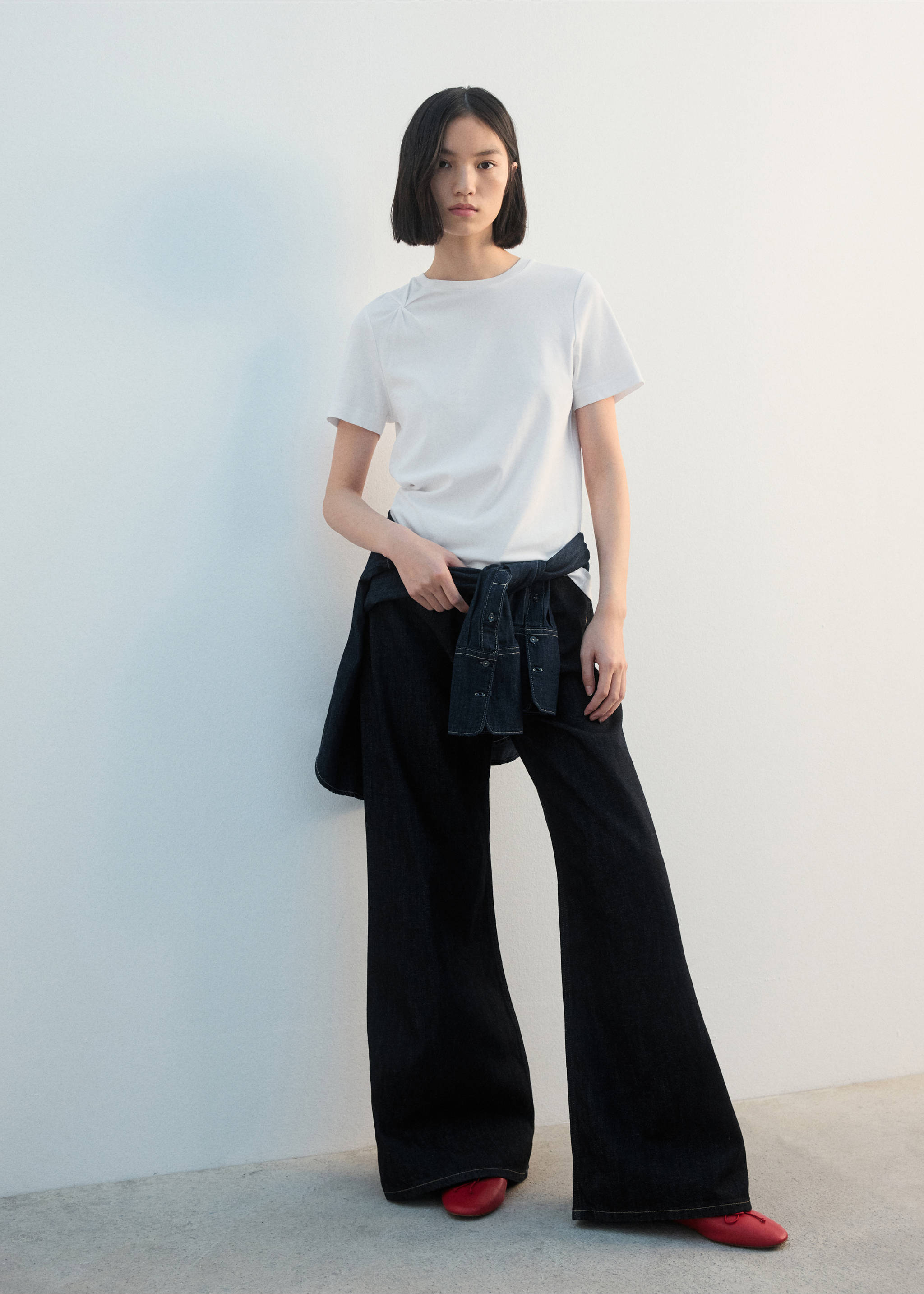 Хлопковая футболка со сборками - Общий план, Белый. Ref: 27002544-00.