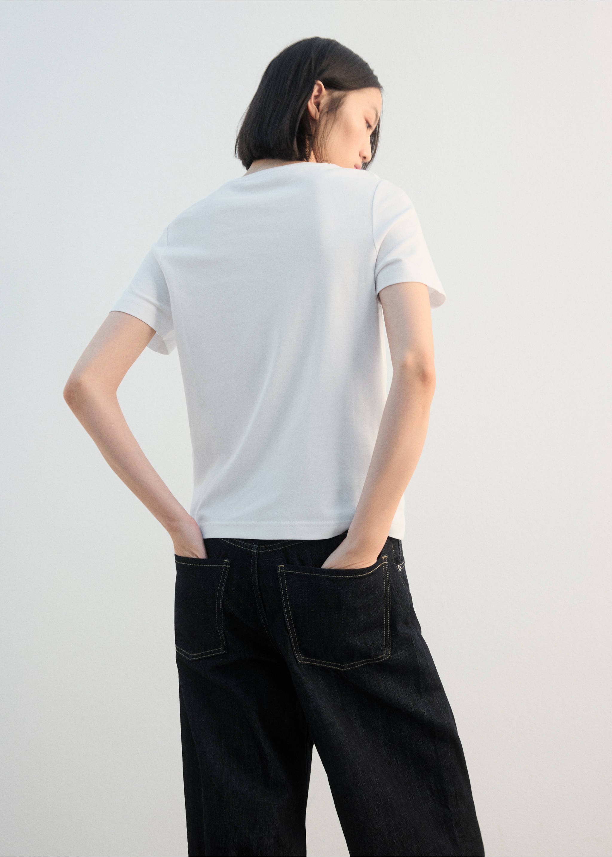 Хлопковая футболка со сборками - Обратная сторона изделия, Белый. Ref: 27002544-00.