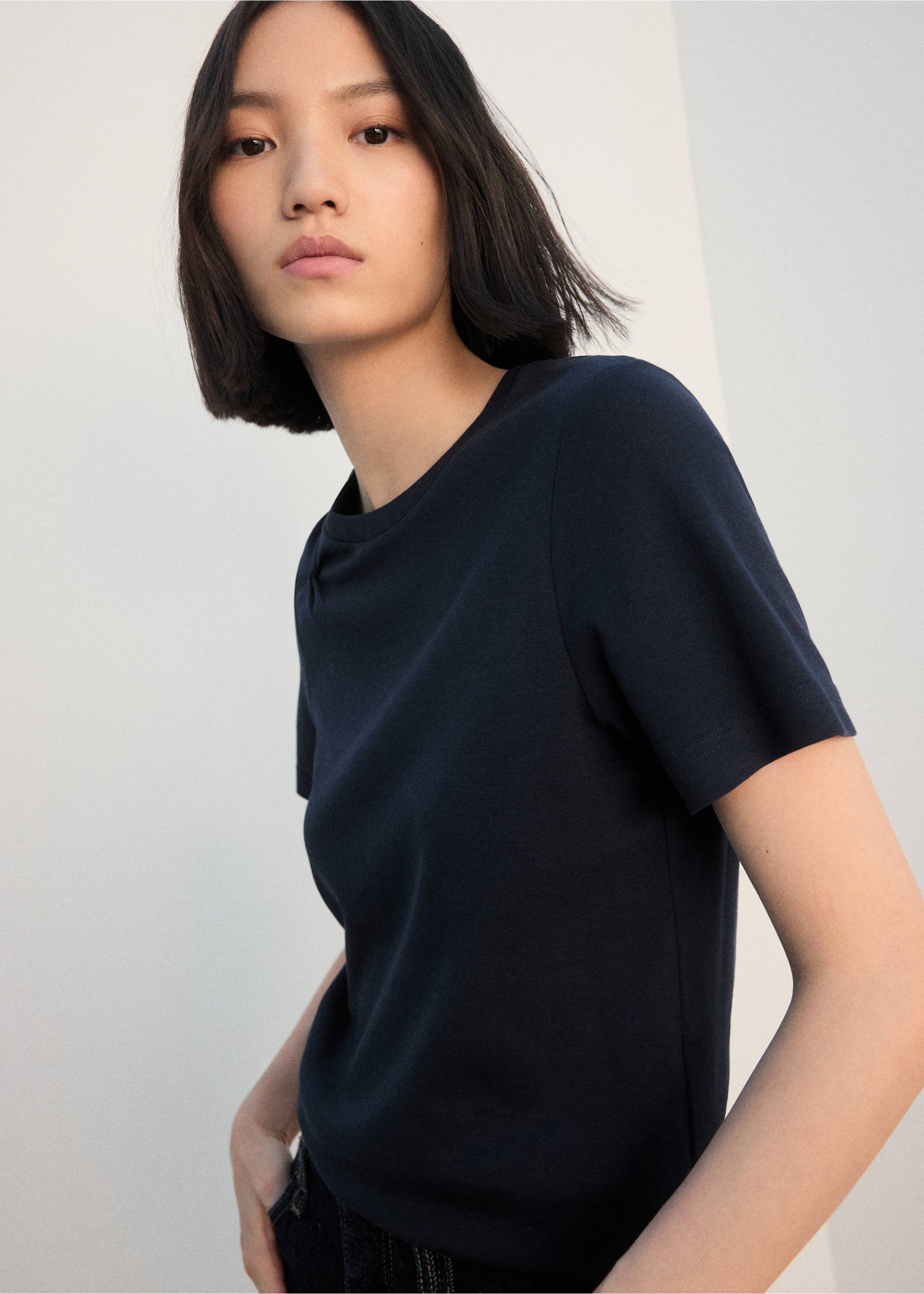 Cotton t-shirt with pucker detail - Medium plane, Navy. Ref: 27002544-00.