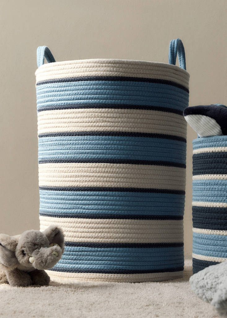 Large striped cotton basket with handles — Blue
