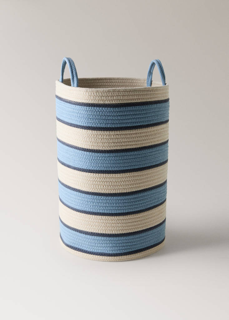 Large striped cotton basket with handles — Blue