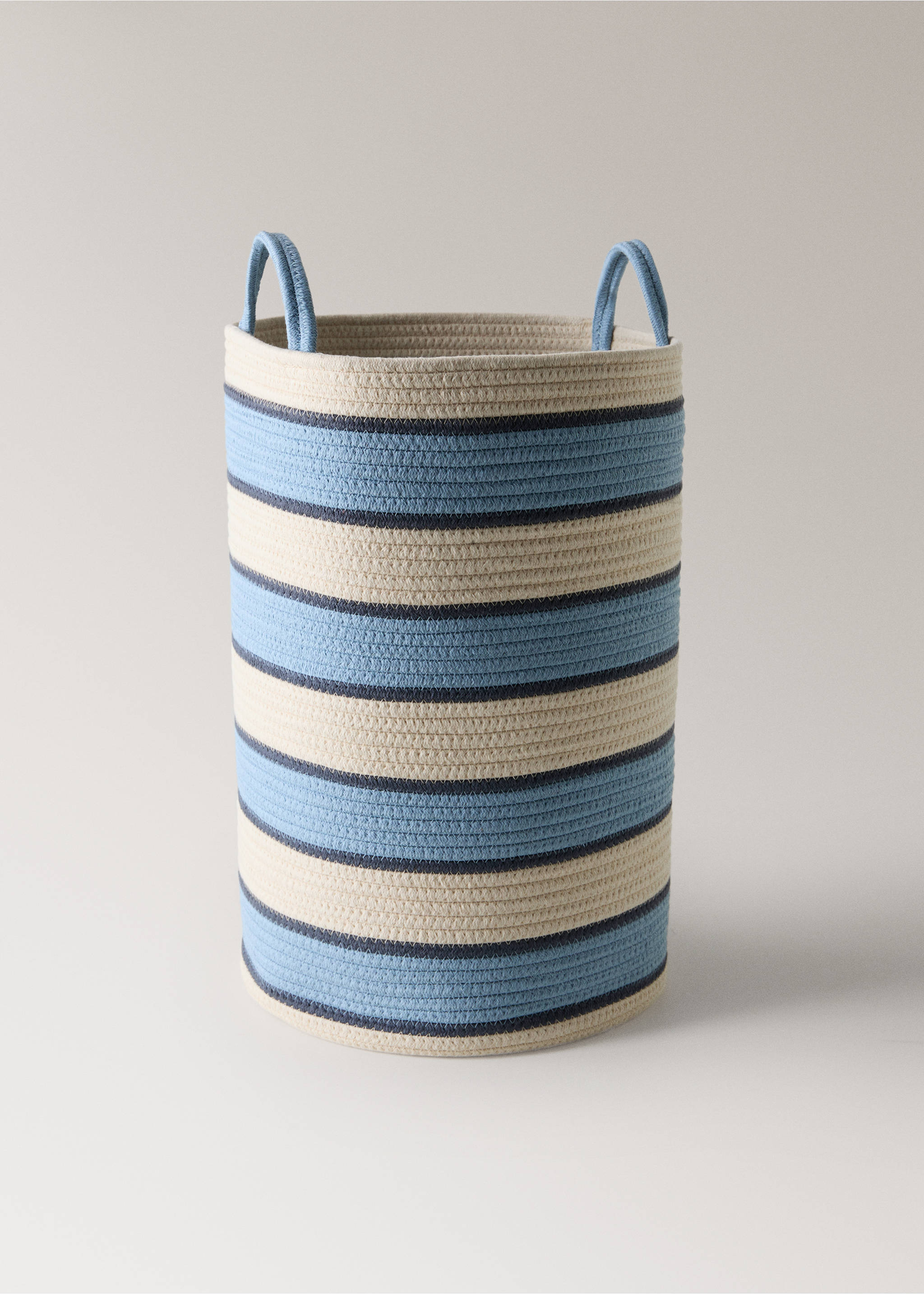 Large striped cotton basket with handles - Details of the article 1, Blue. Ref: 27002908-00.
