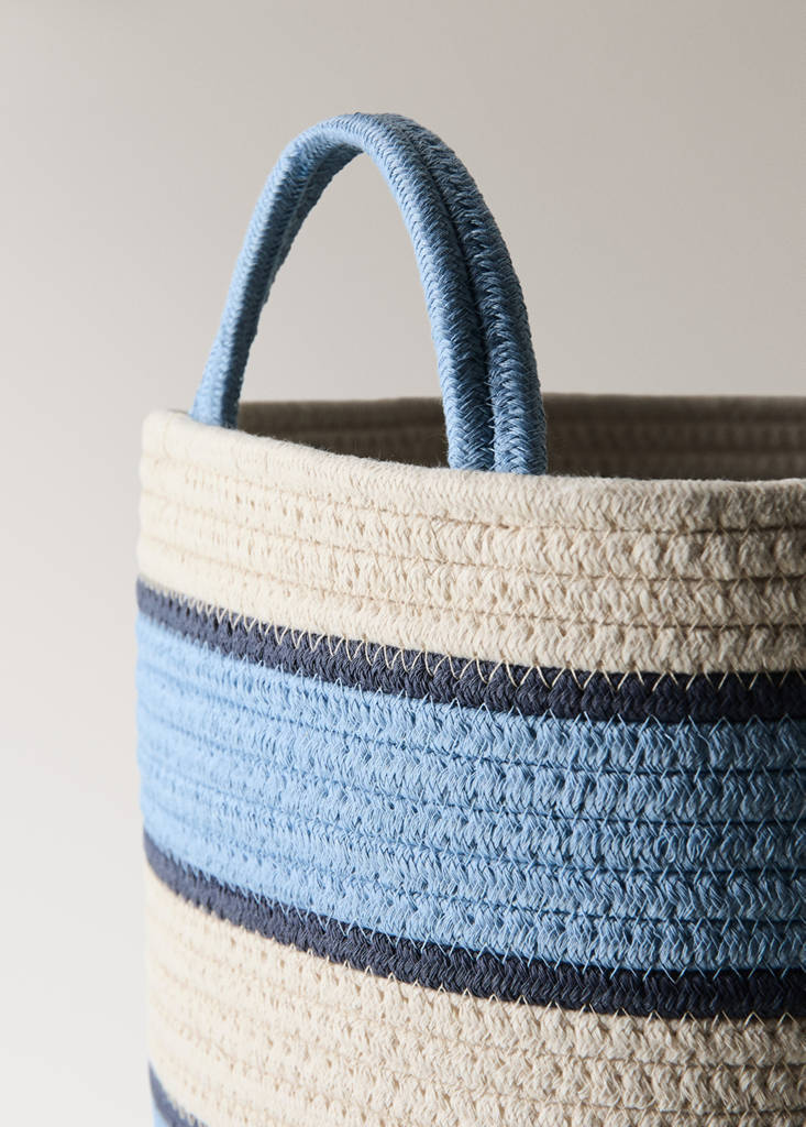 Large striped cotton basket with handles — Blue