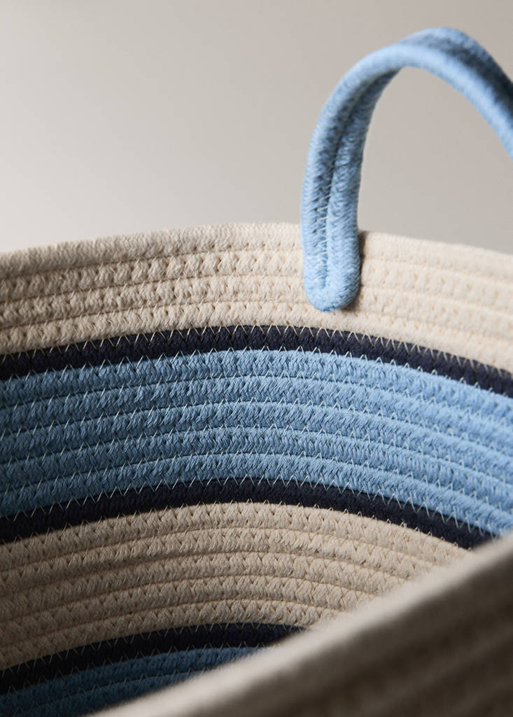 Large striped cotton basket with handles — Blue