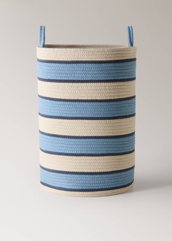 Large striped cotton basket with handles — Blue