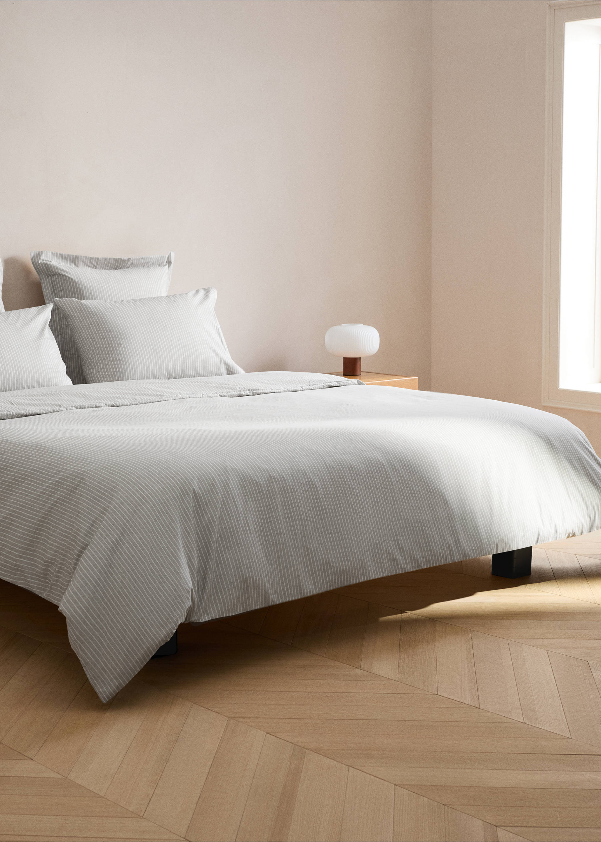 500 threads cotton percale striped duvet cover Single bed - General plane, Light/Pastel Grey. Ref: 27002953-00.