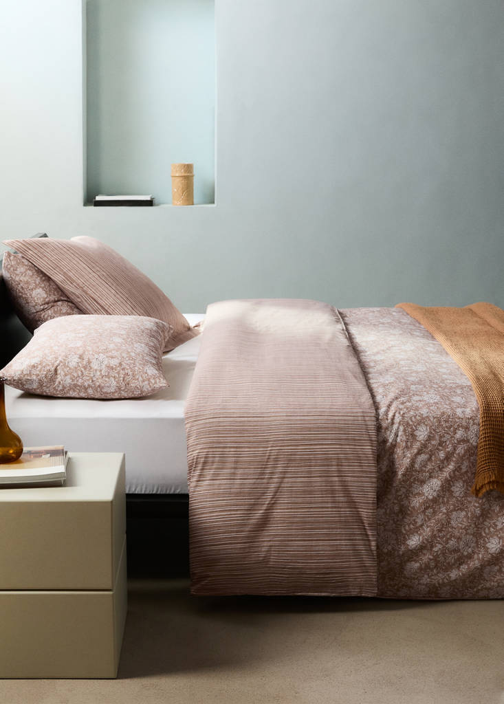 Reversible percale cotton duvet cover with stripes and flowers for a 90 cm bed — Tobacco Brown