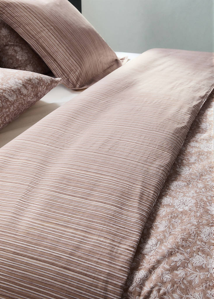 Reversible percale cotton duvet cover with stripes and flowers for a 90 cm bed — Tobacco Brown
