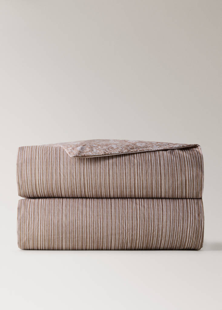 Reversible percale cotton duvet cover with stripes and flowers for a 90 cm bed — Tobacco Brown