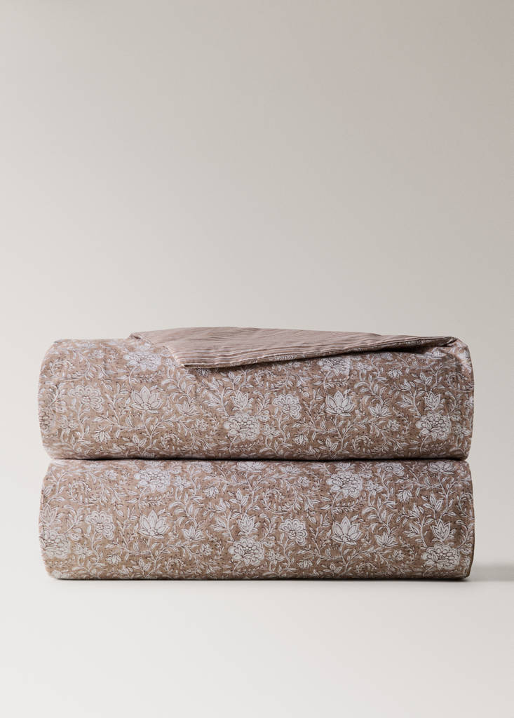 Reversible percale cotton duvet cover with stripes and flowers for a 90 cm bed — Tobacco Brown