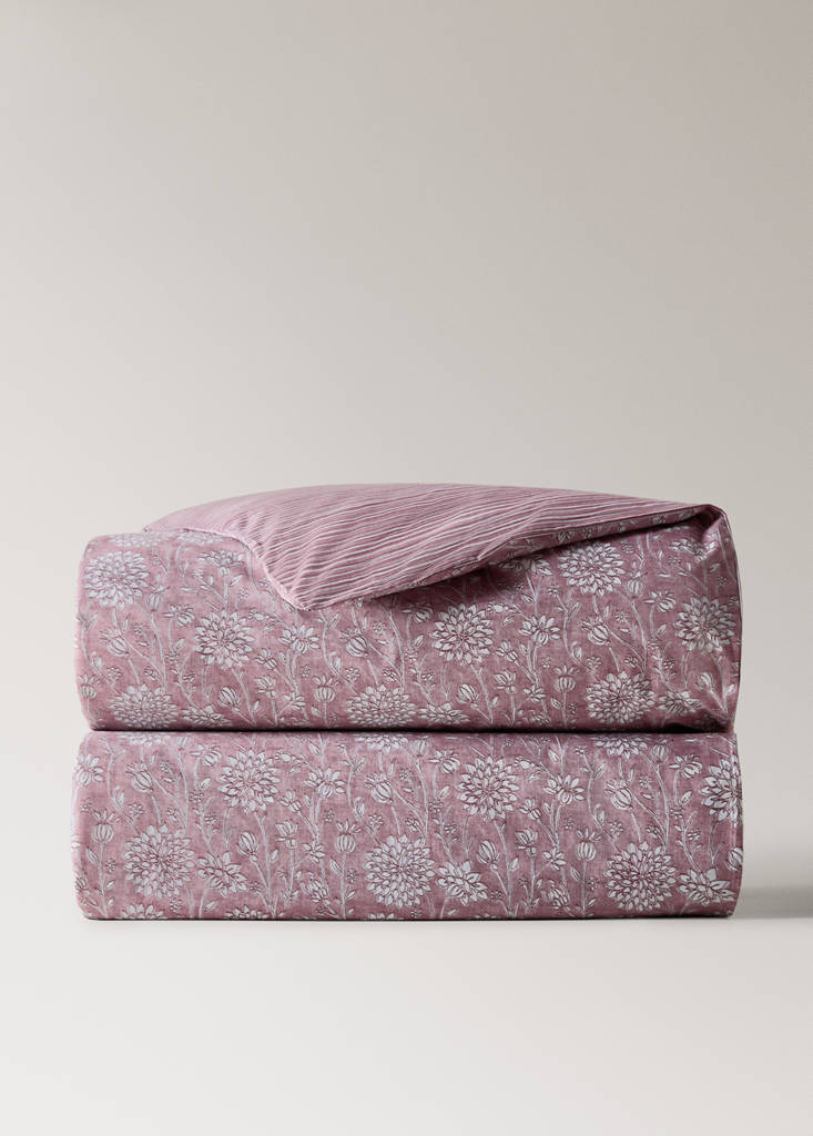 Reversible percale cotton duvet cover with stripes and flowers for a 90 cm bed — Pale Pink