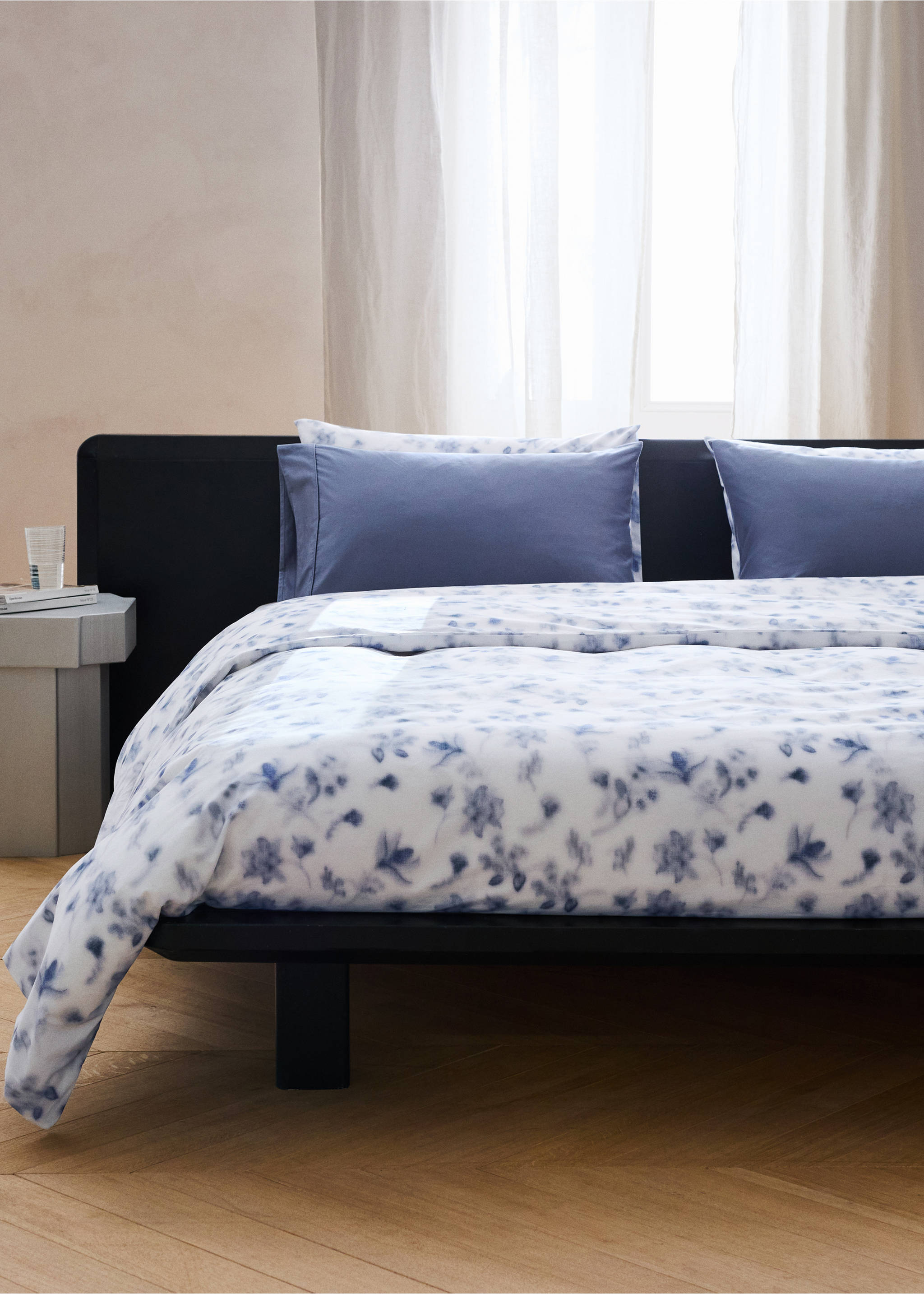 Faded floral percale duvet cover for 90 cm bed - General plane, Blue. Ref: 27002982-00.