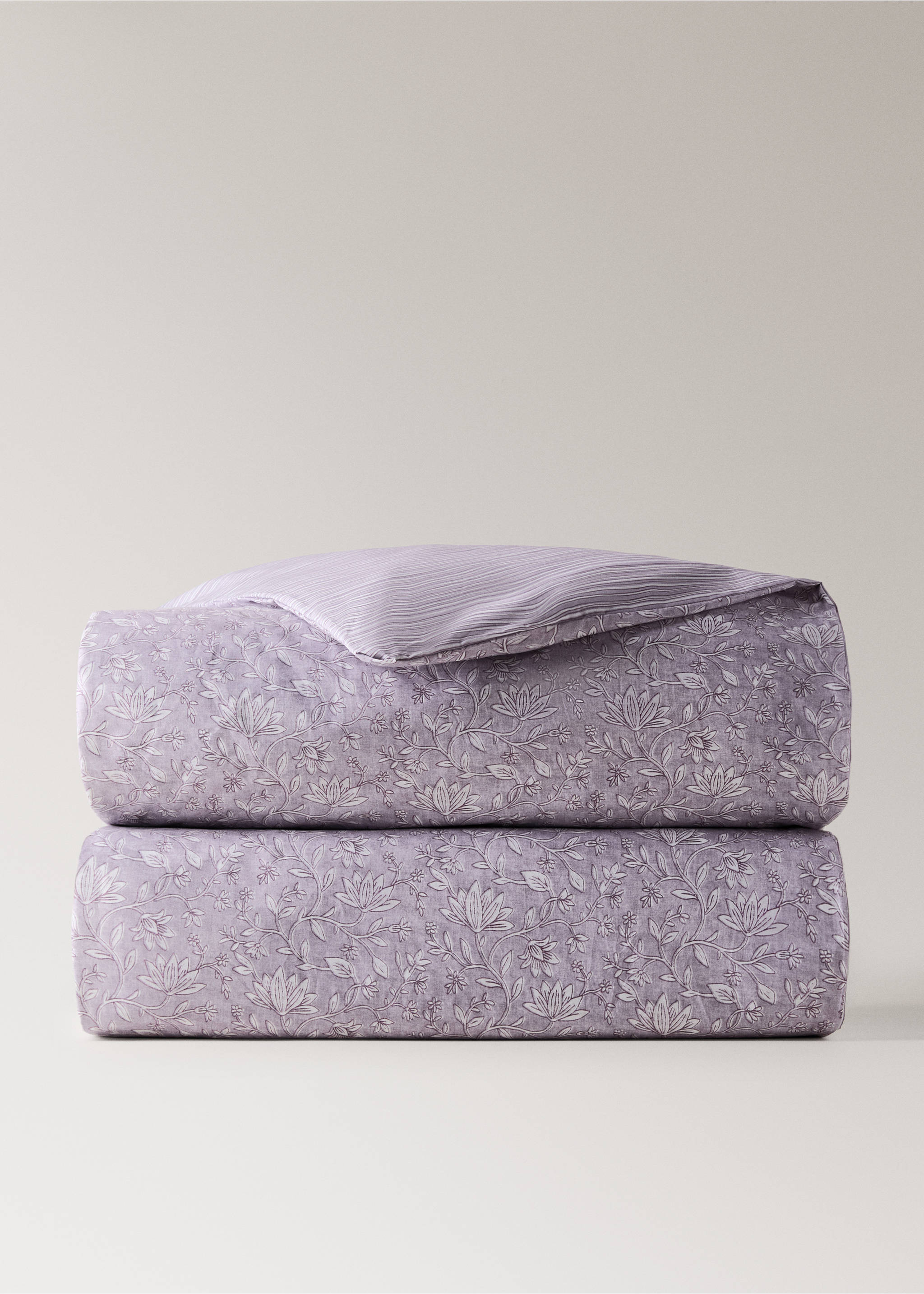 Reversible floral stripe duvet cover for a 90 cm bed - Article without model, Light/Pastel Purple. Ref: 27002986-00.