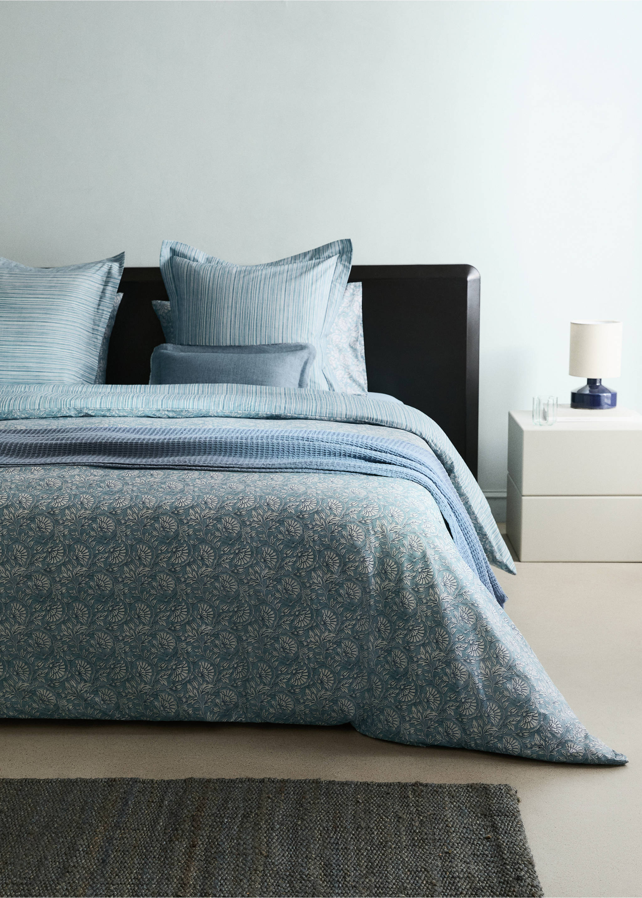 Reversible floral stripe duvet cover for 135/140 cm bed - General plane, Aqua Green. Ref: 27002987-00.