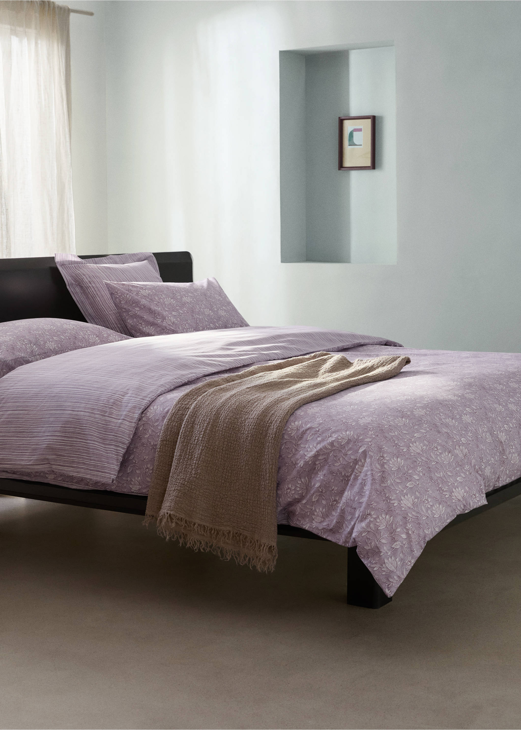 Reversible floral stripe duvet cover for 135/140 cm bed - General plane, Light/Pastel Purple. Ref: 27002987-00.