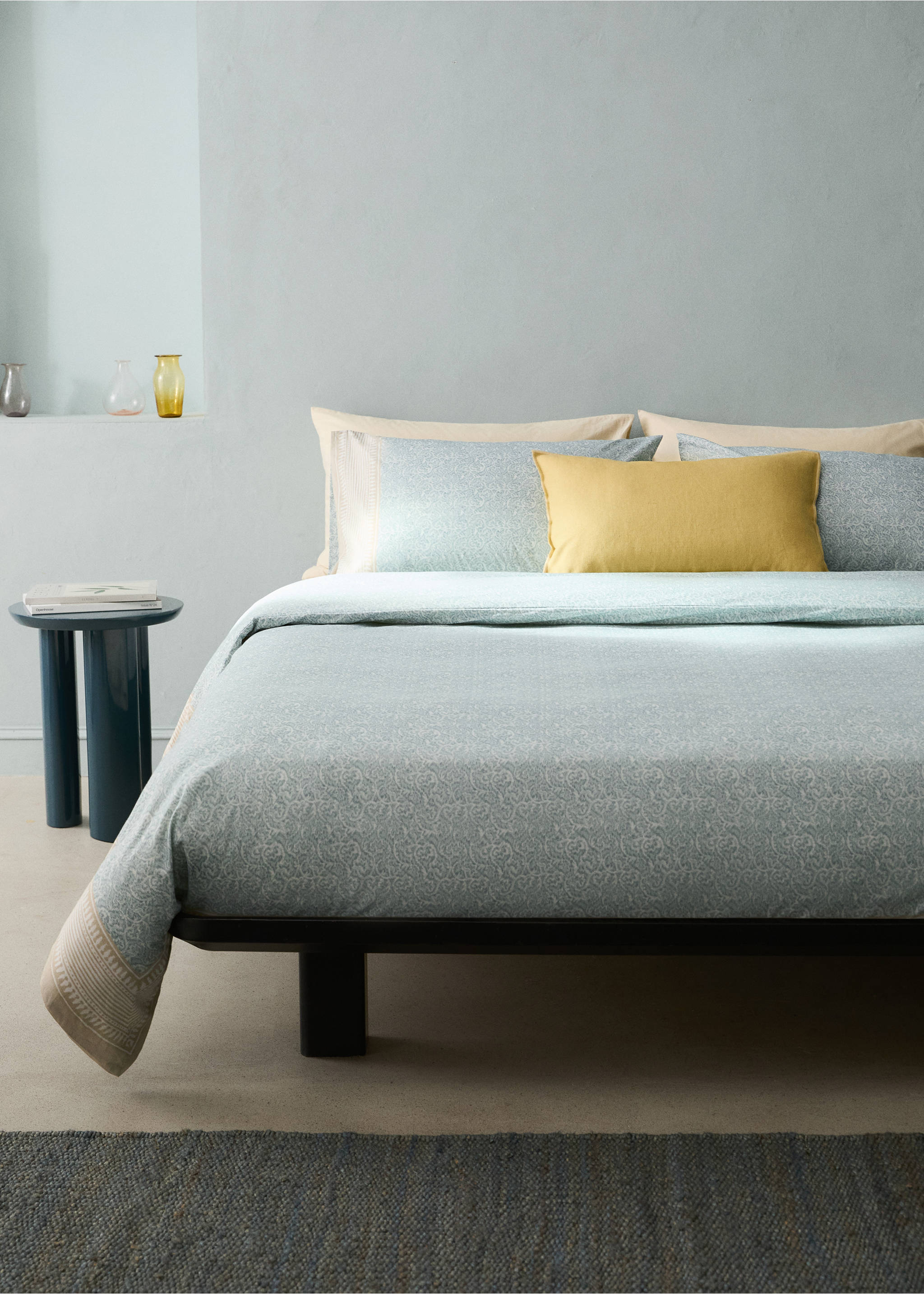 Decorative floral percale duvet cover with striped border for 150/160 cm bed - General plane, Pastel Green. Ref: 27002997-00.