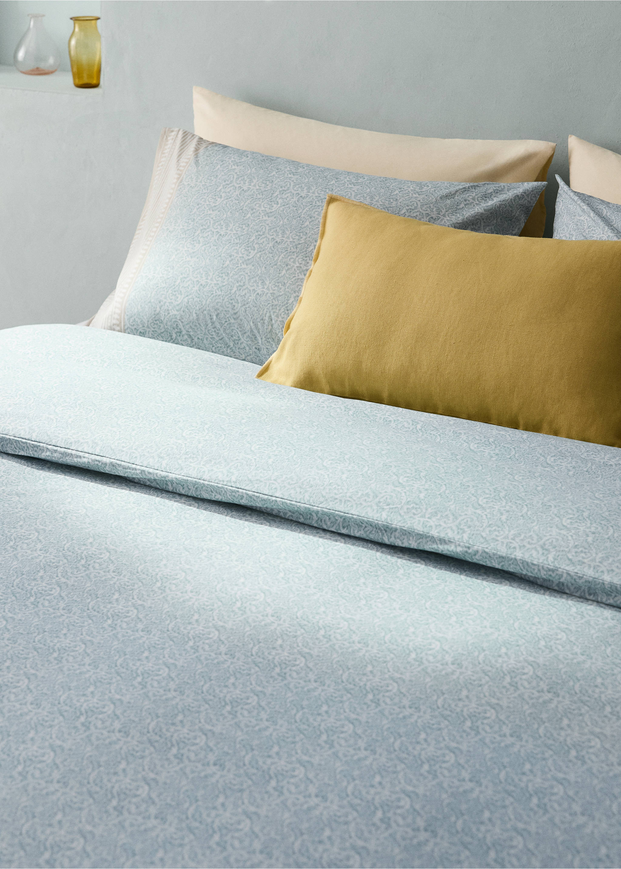 Decorative floral percale duvet cover with striped border for 150/160 cm bed - Details of the article 7, Pastel Green. Ref: 27002997-00.