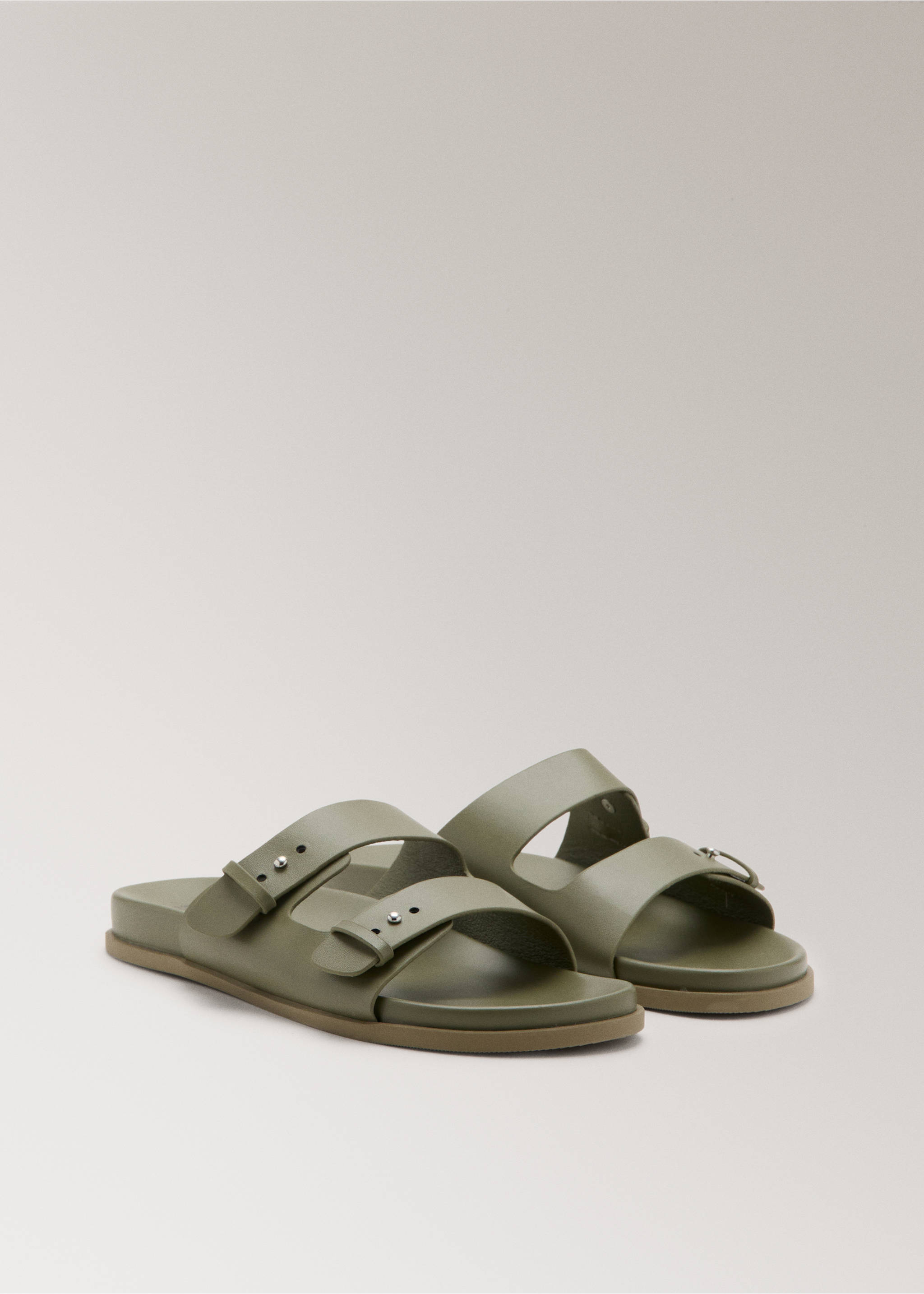 Double buckle leather sandals - Medium plane, Khaki. Ref: 27003321-00.