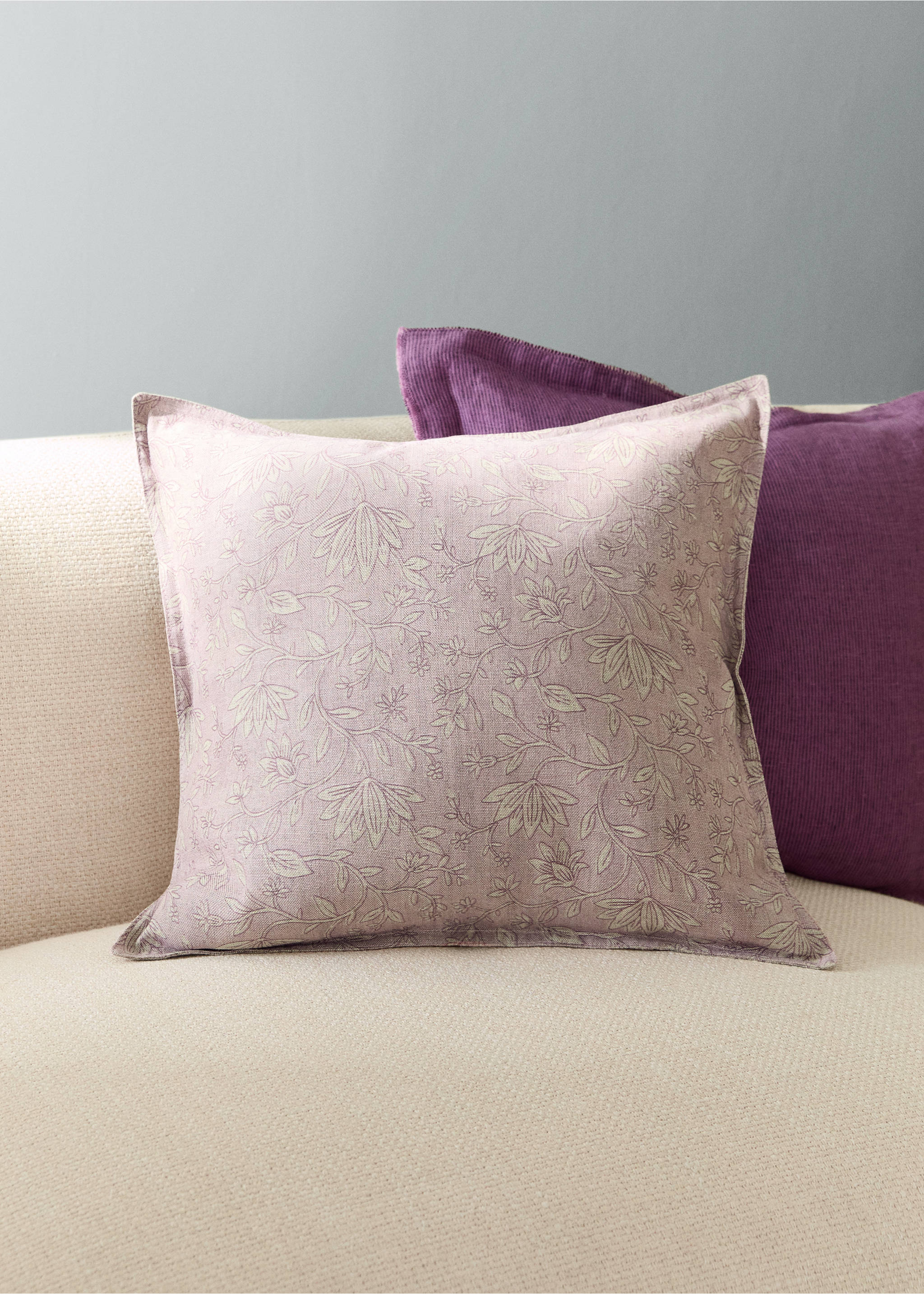 Block print cotton linen cushion cover 50x50 cm - General plane, Lilac. Ref: 27003353-00.