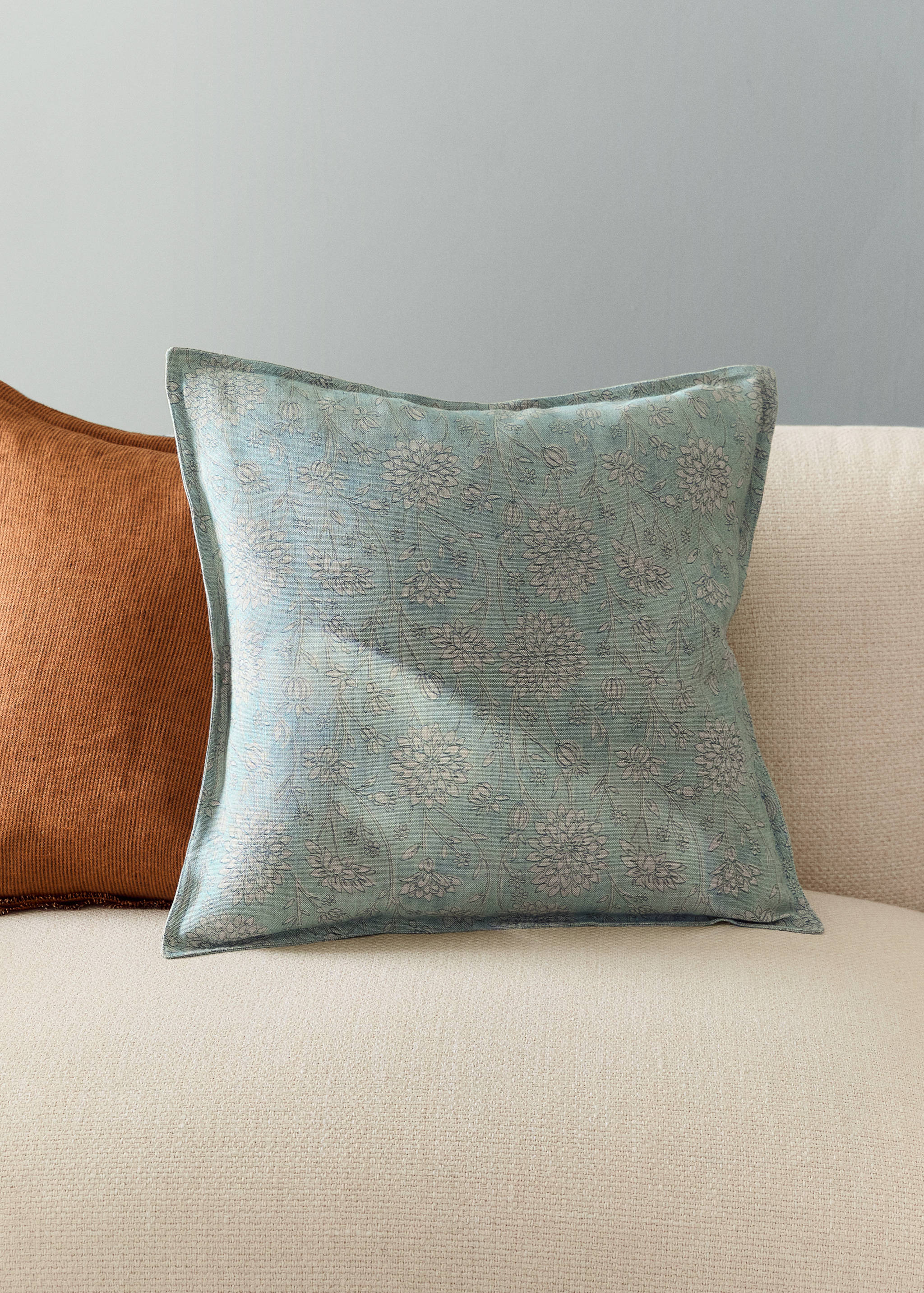 Housse de coussin en lin coton motif floral double surpiqûre 50x50 cm - Plan général