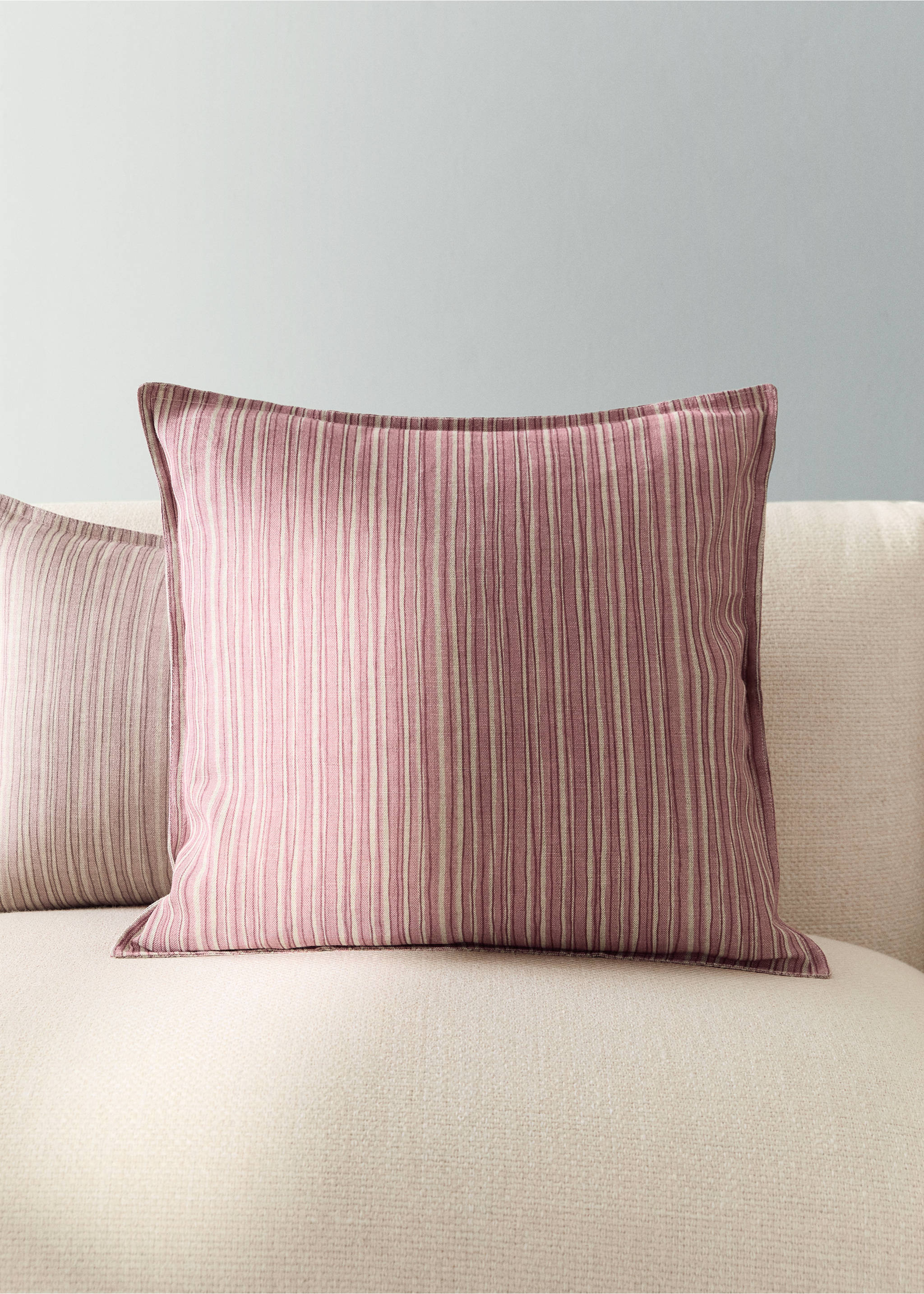 Linen cotton cushion cover with fine stripe 50x50 cm - General plane, Medium Pink. Ref: 27003371-00.