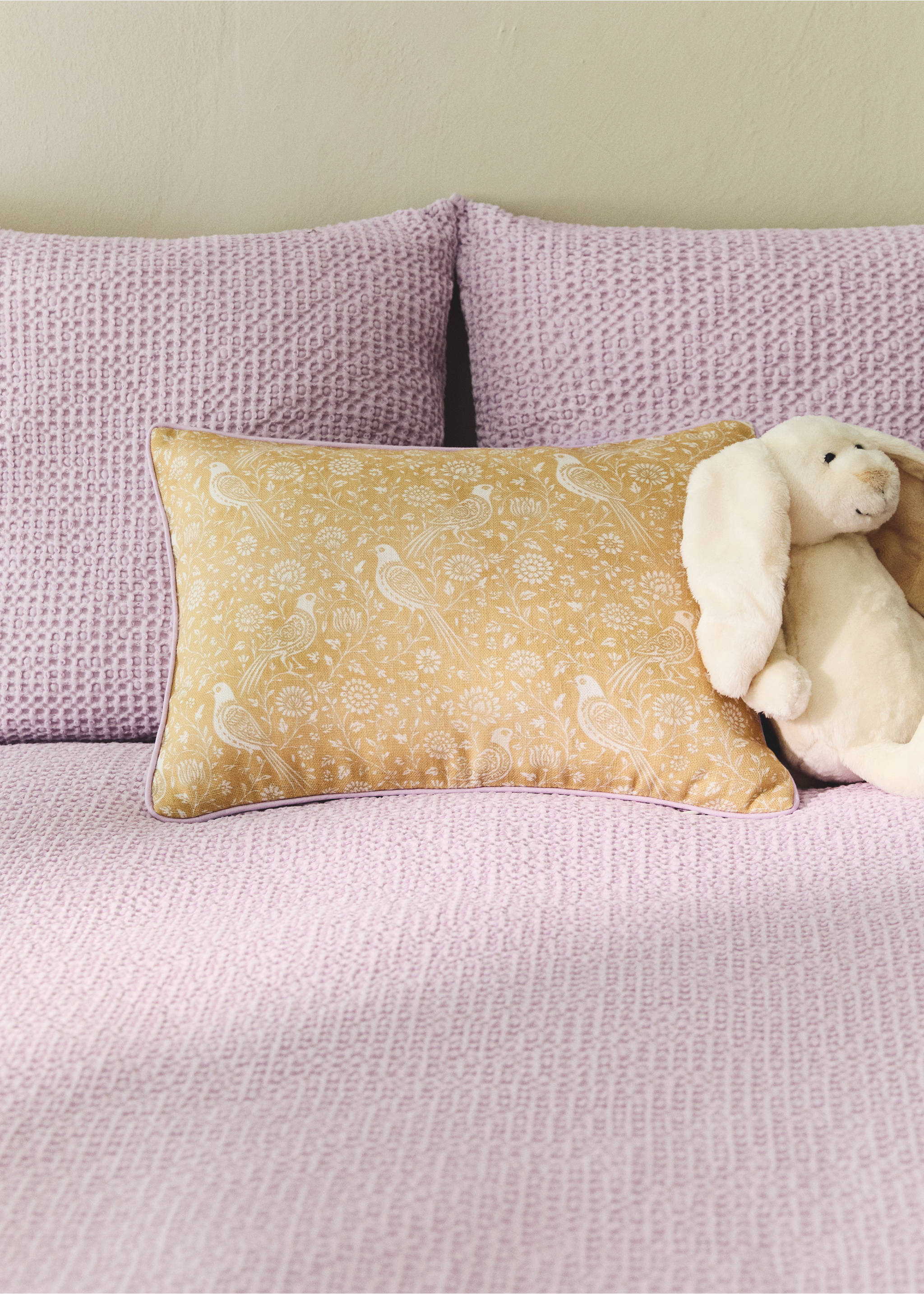 Floral cotton-linen children’s cushion cover 30 x 40 - General plane, Mustard. Ref: 27003387-00.