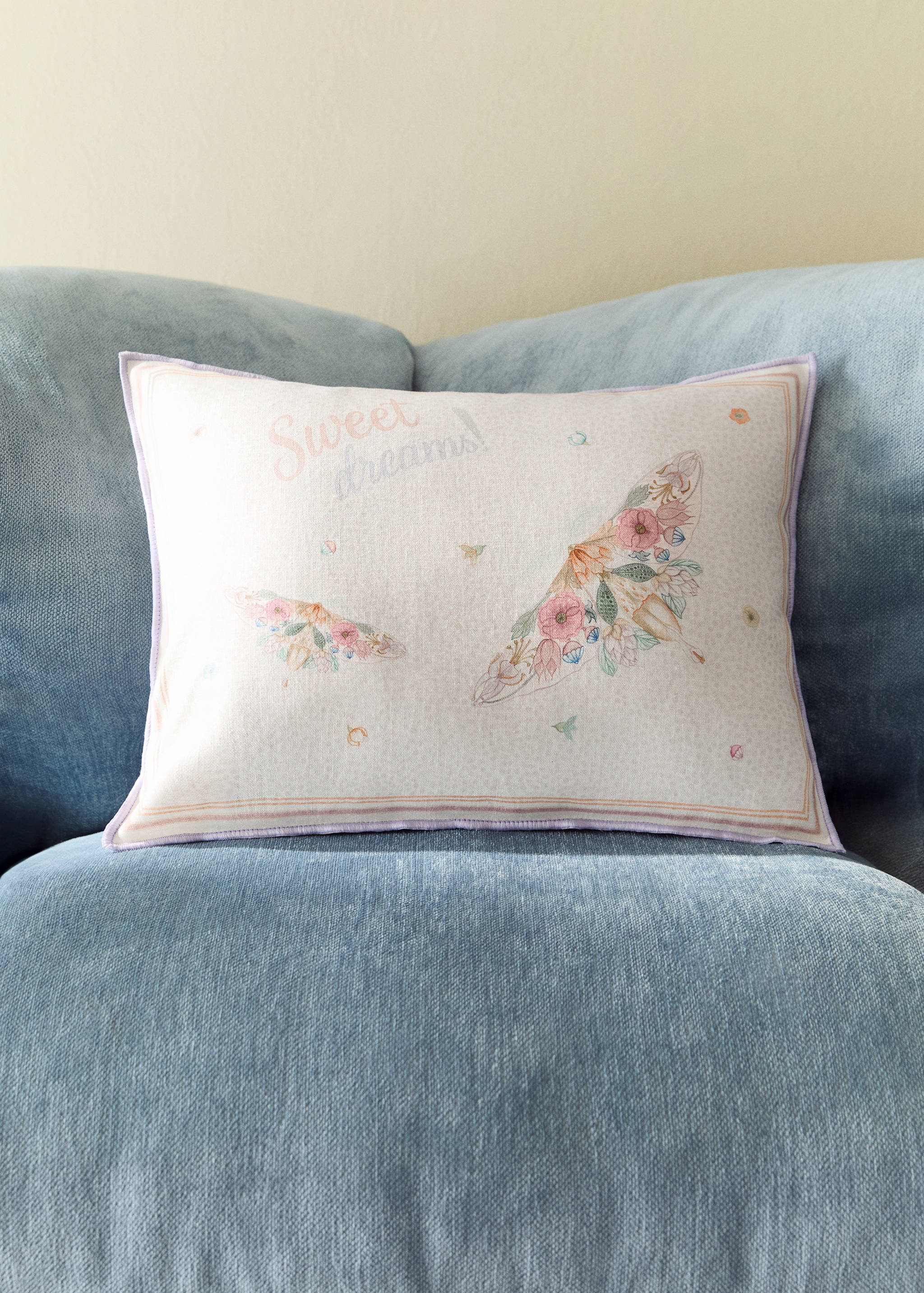 Housse de coussin enfant en coton et lin motif papillon - Plan général