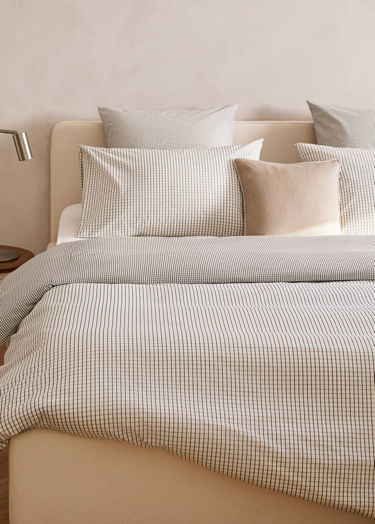 Percale cotton reversible mini-check duvet cover for 150/160 cm bed — Coffee