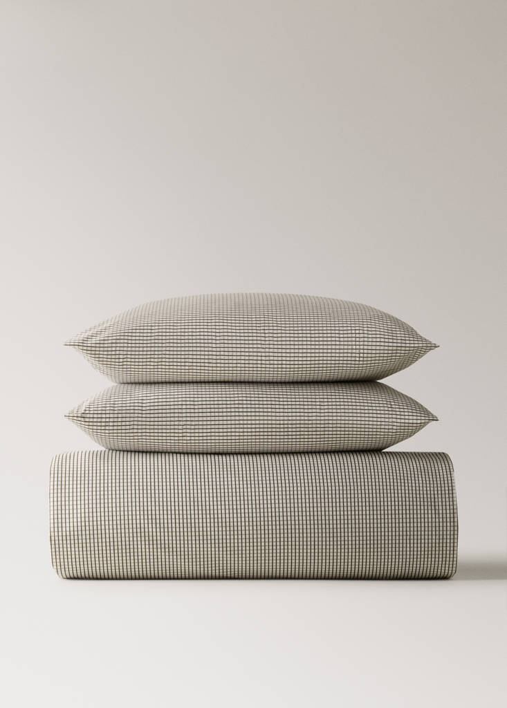 Percale cotton reversible mini-check duvet cover for 150/160 cm bed — Coffee