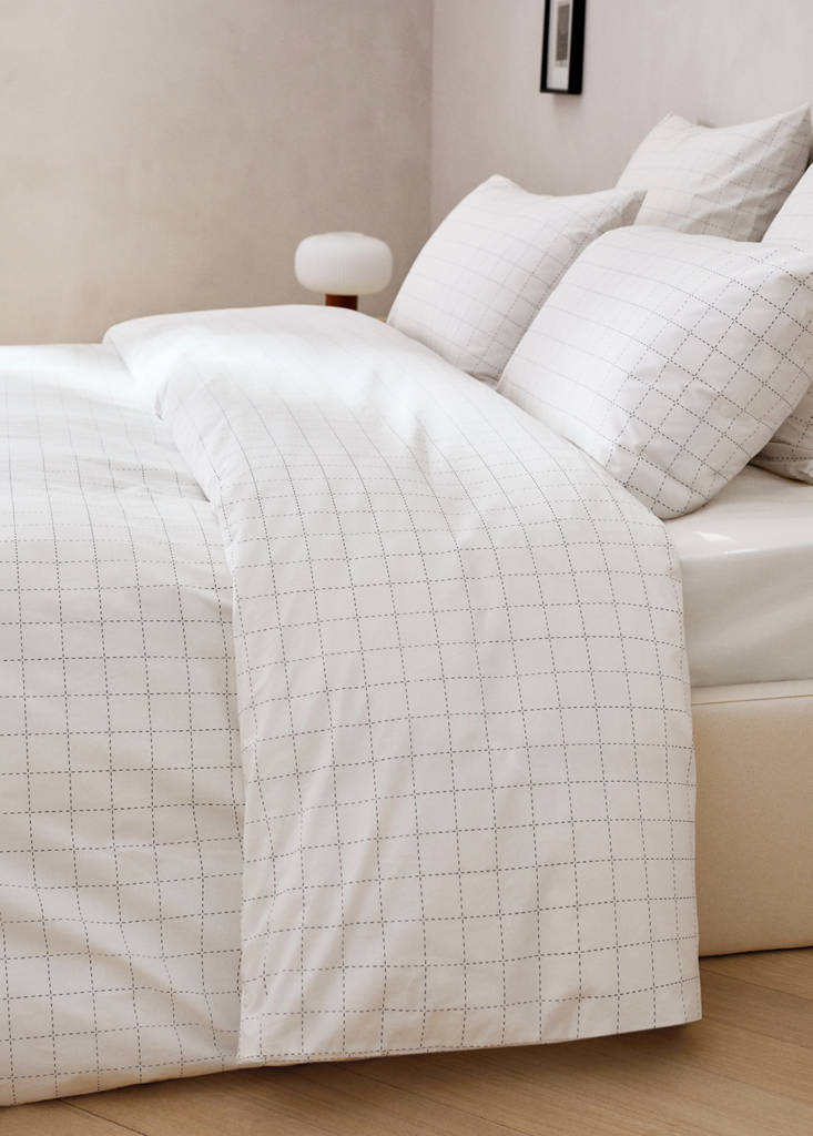 Percale cotton duvet cover with stitched check print for 150/160 cm bed — Off White