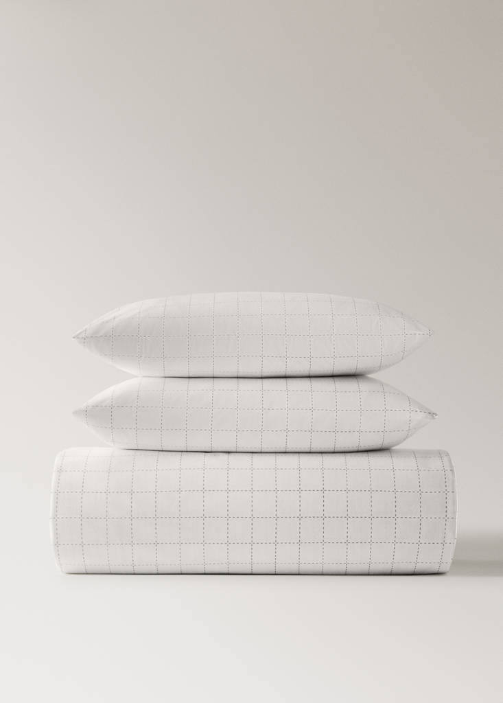 Percale cotton duvet cover with stitched check print for 150/160 cm bed — Off White