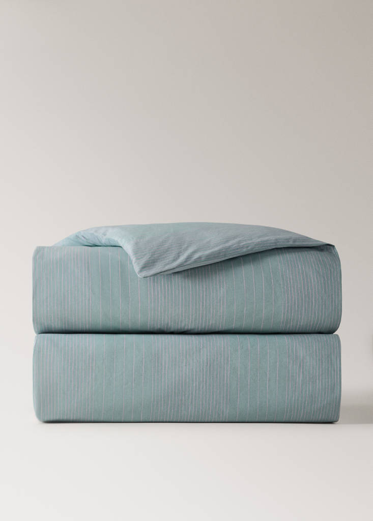 Percale cotton striped watercolour duvet cover Superking bed — Aqua Green