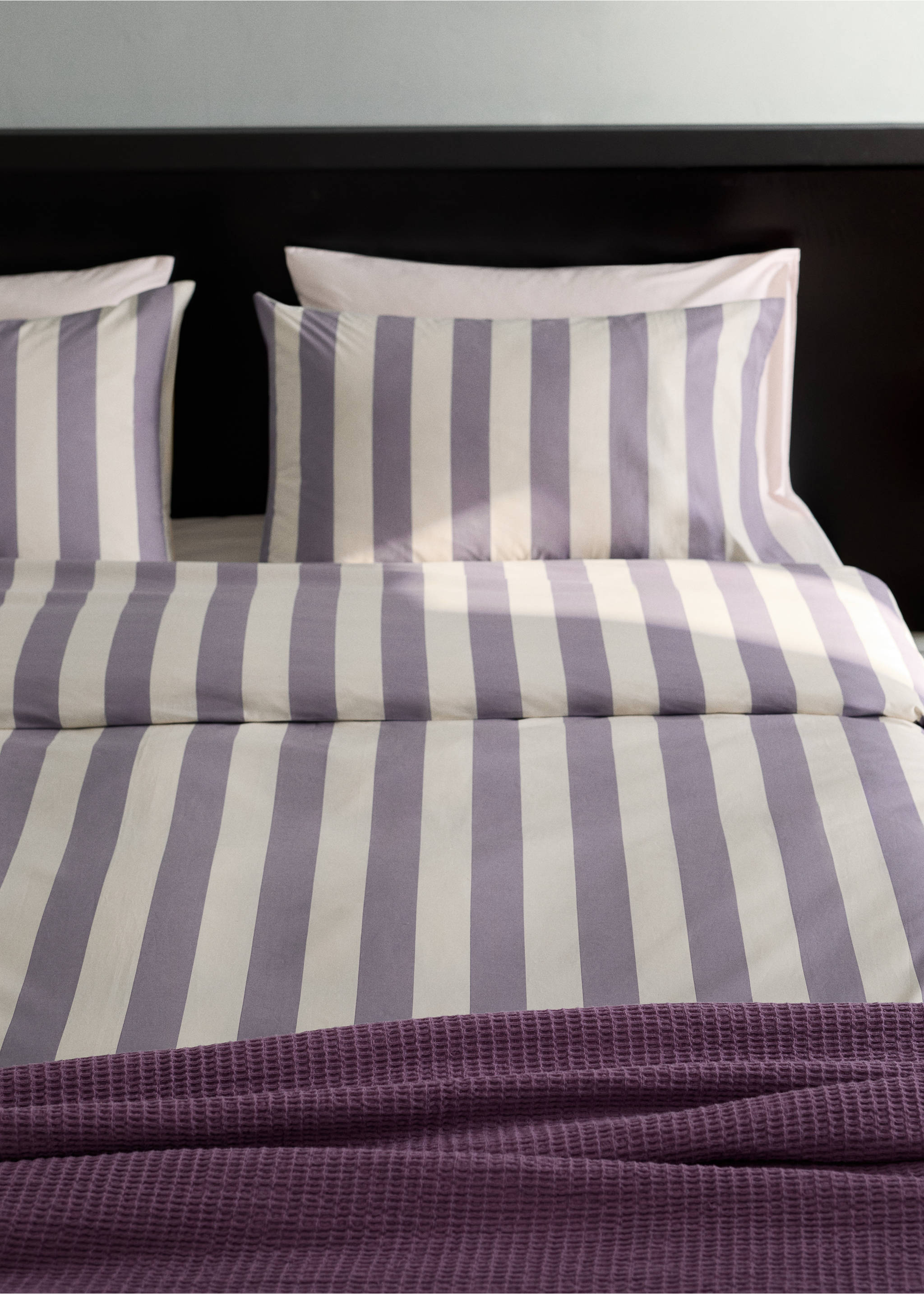 Percale cotton duvet cover 200 thread count wide stripe print Bed 150/160 cm - Details of the article 7, Lilac. Ref: 27003751-00.