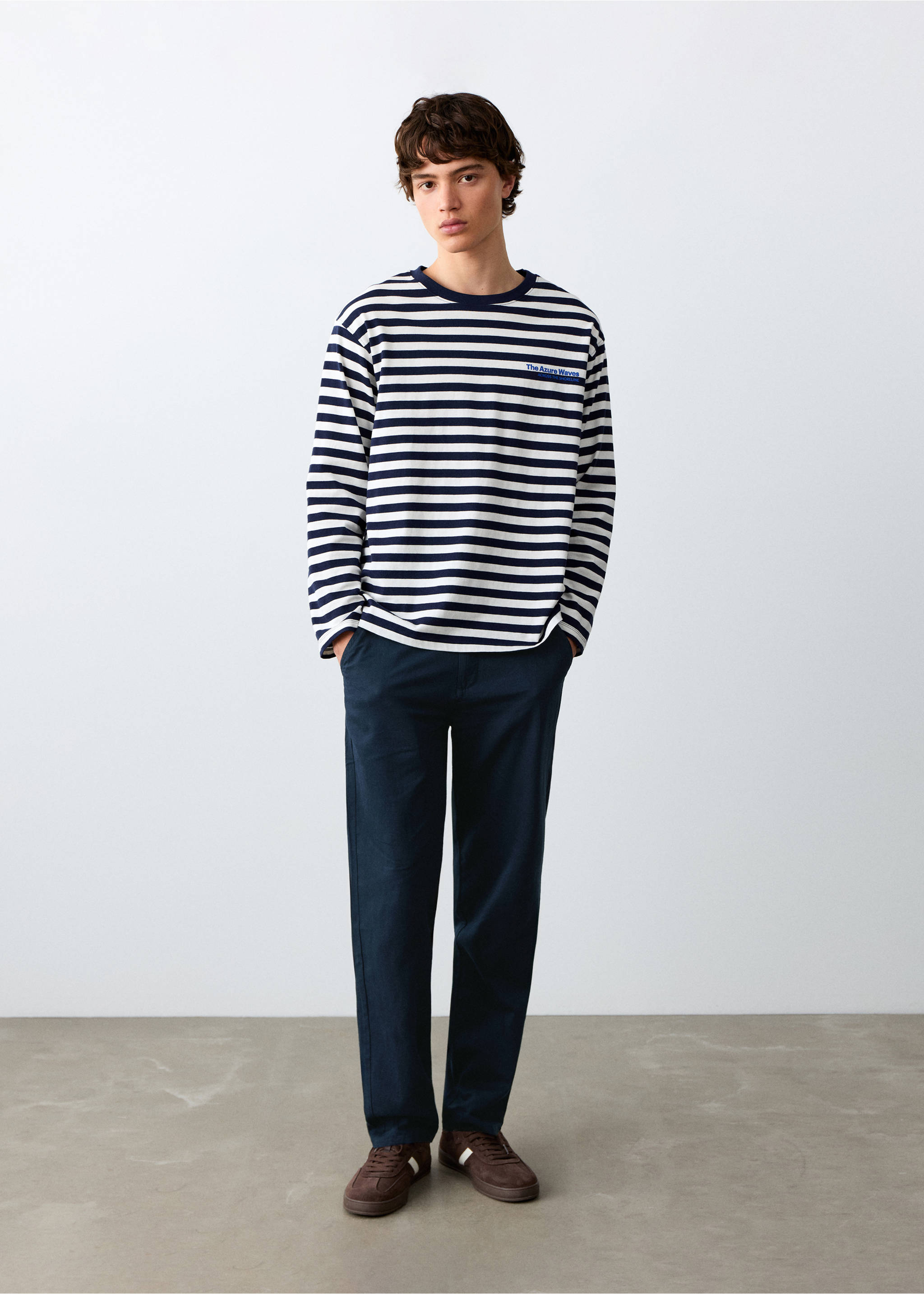 Pantalons lli cotó botó - Pla general, Blau marí. Ref: 27004057-00.