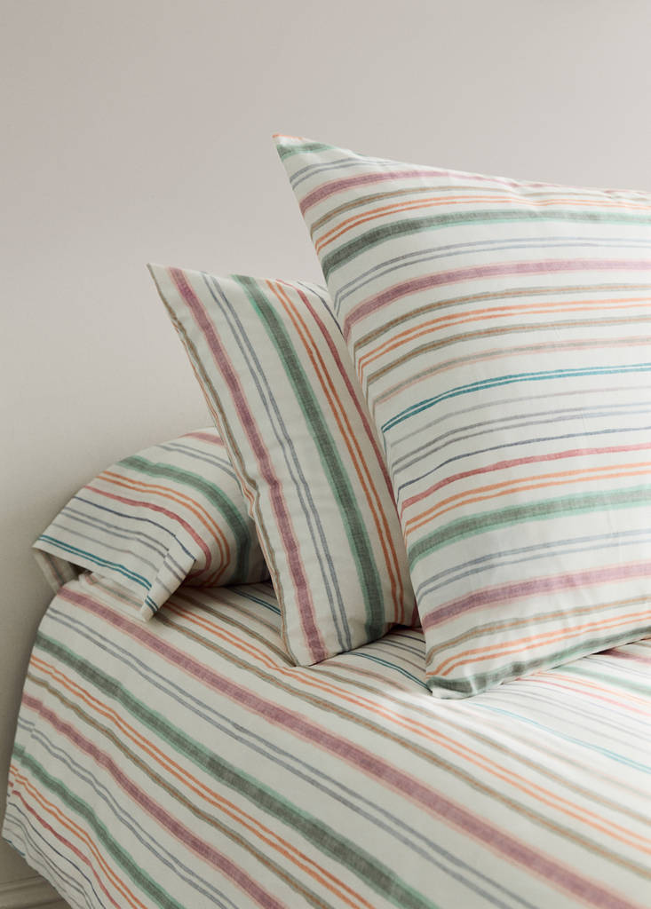 Multicoloured striped percale cotton pillowcase 60x60 cm — Green