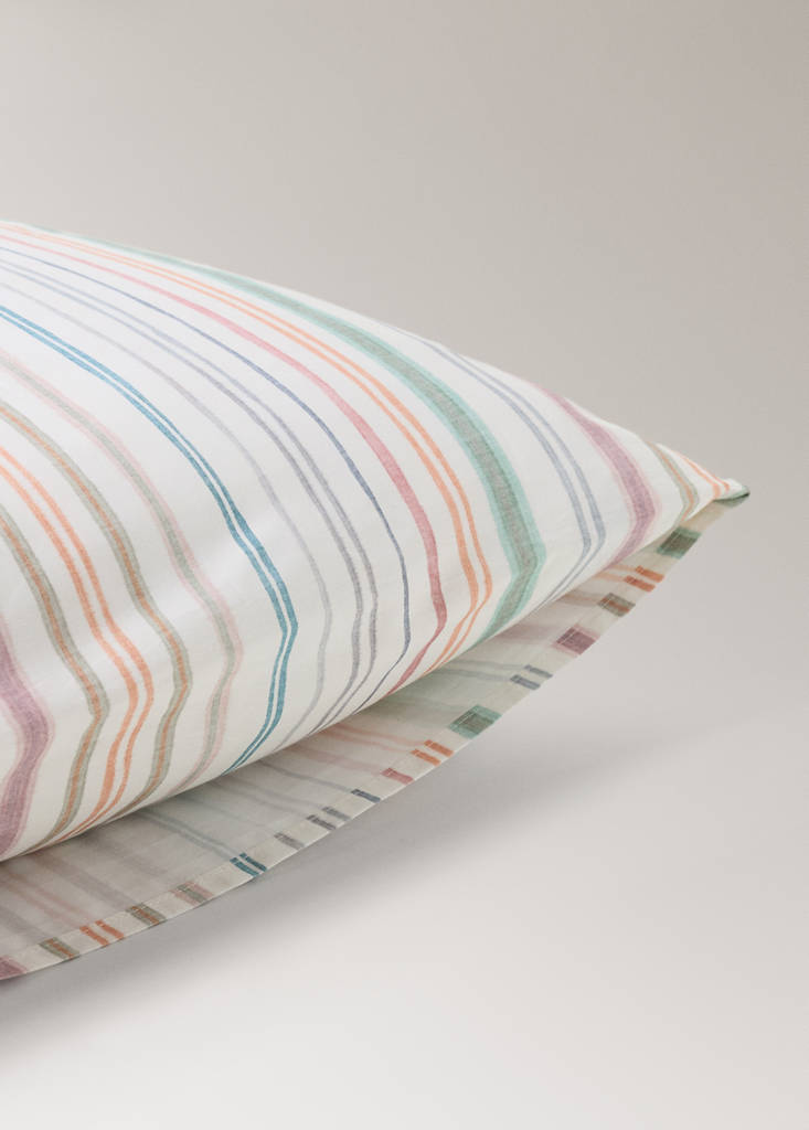 Multicoloured striped percale cotton pillowcase 60x60 cm — Green