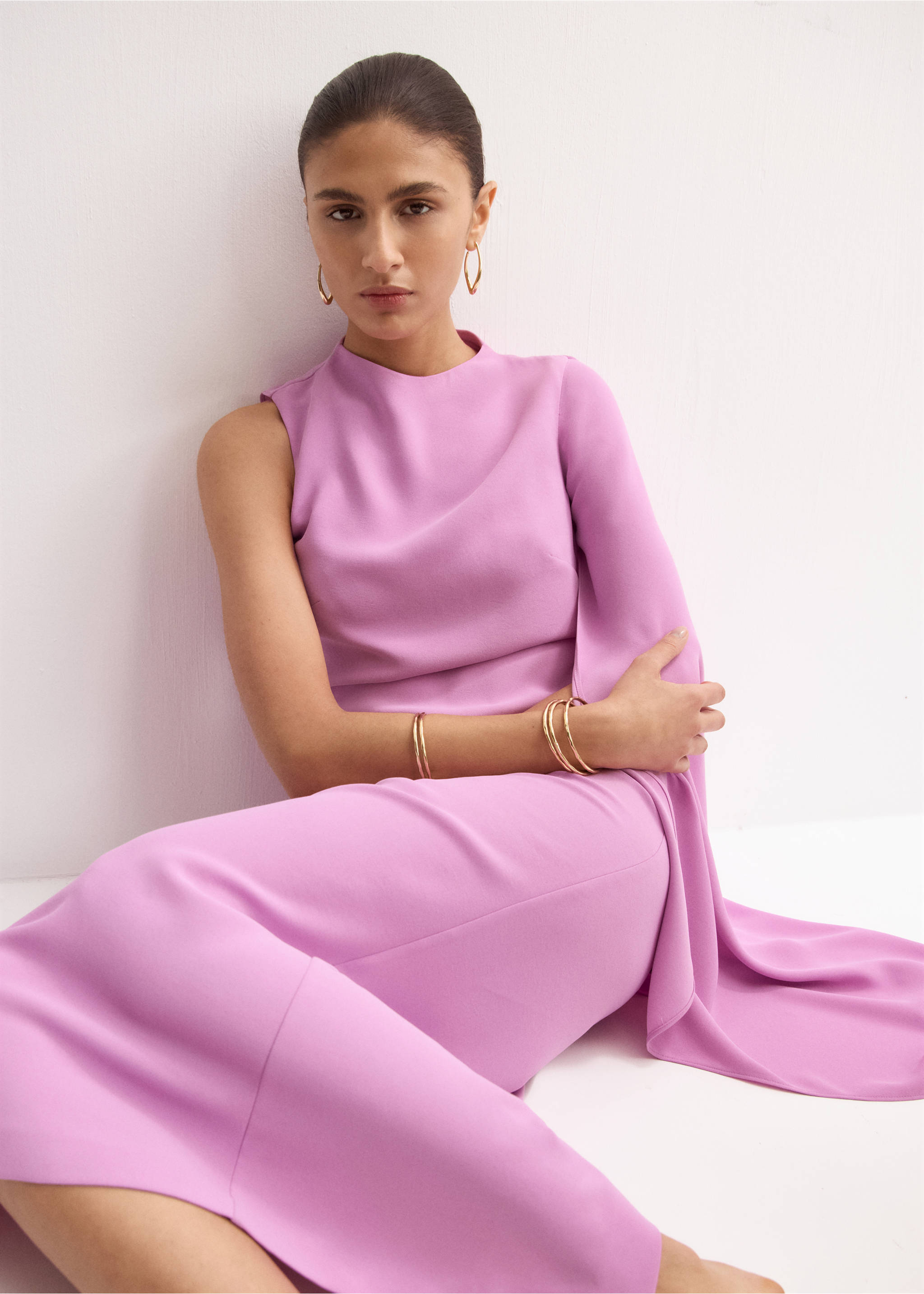 Asymmetric cape long dress - Details of the article 2, Light/Pastel Purple. Ref: 27004094-00.