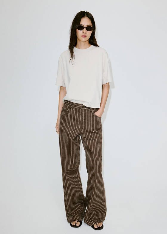 Çizgili wide leg jean pantolon