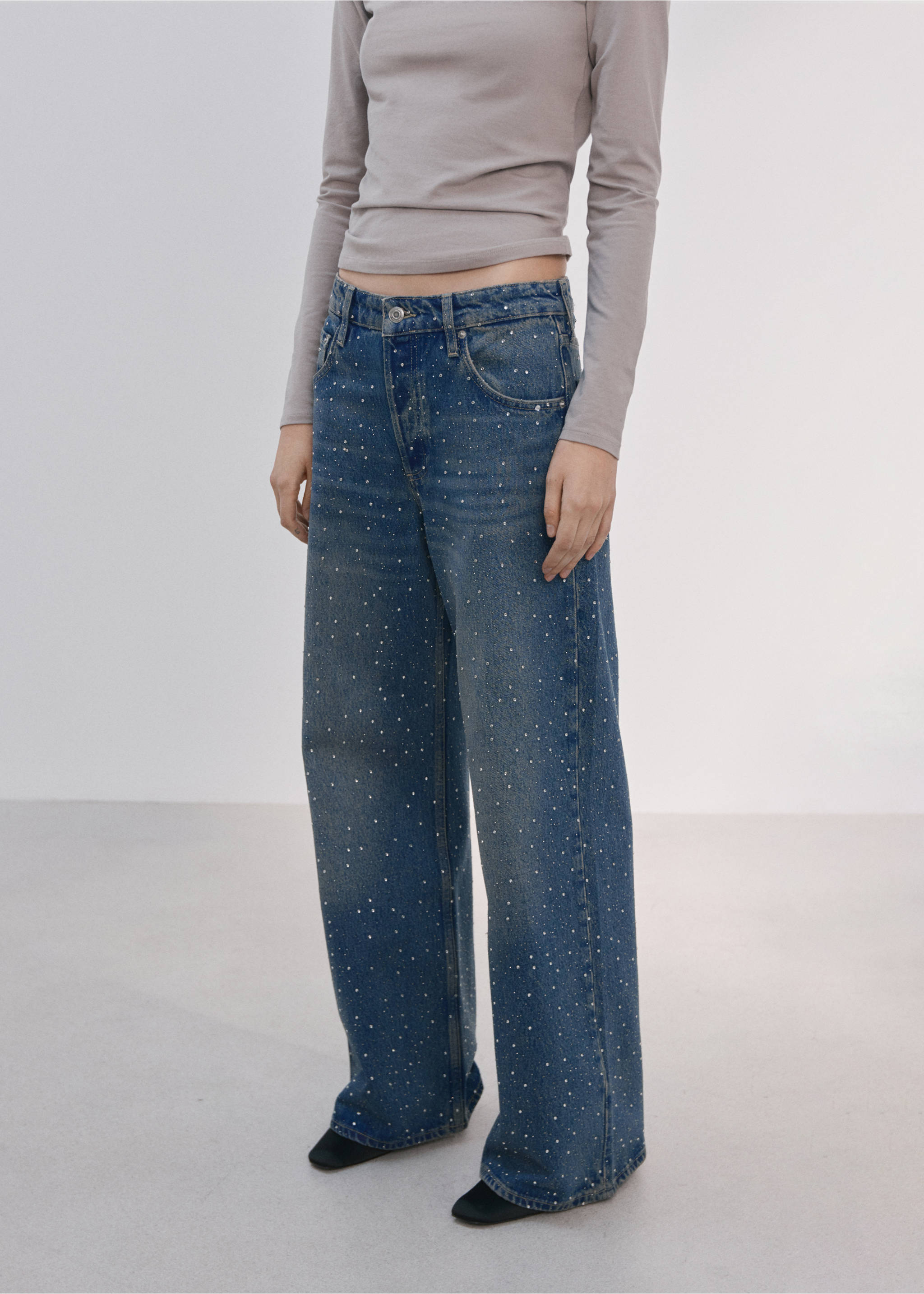 Wide leg jeans with rhinestones - Medium plane, Medium Blue. Ref: 27004107-00.