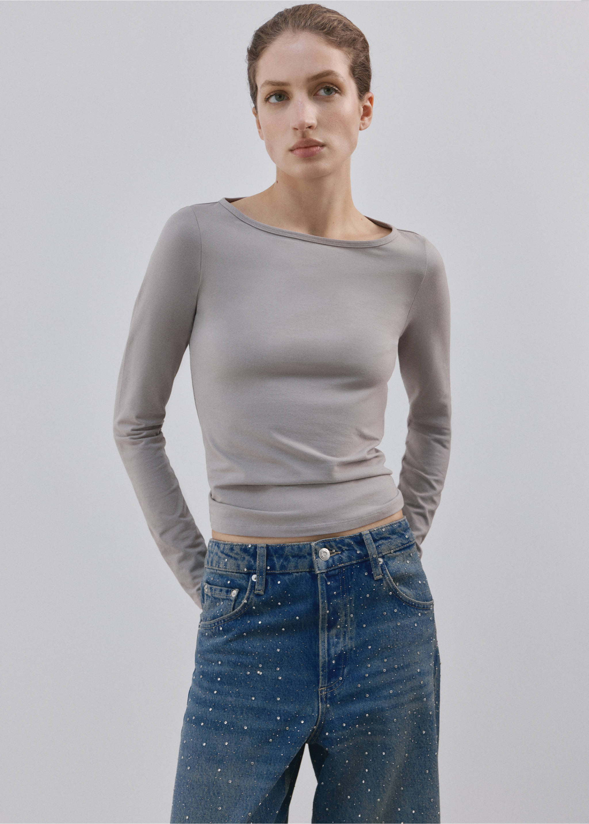 Wide leg jeans with rhinestones - Details of the article 1, Medium Blue. Ref: 27004107-00.