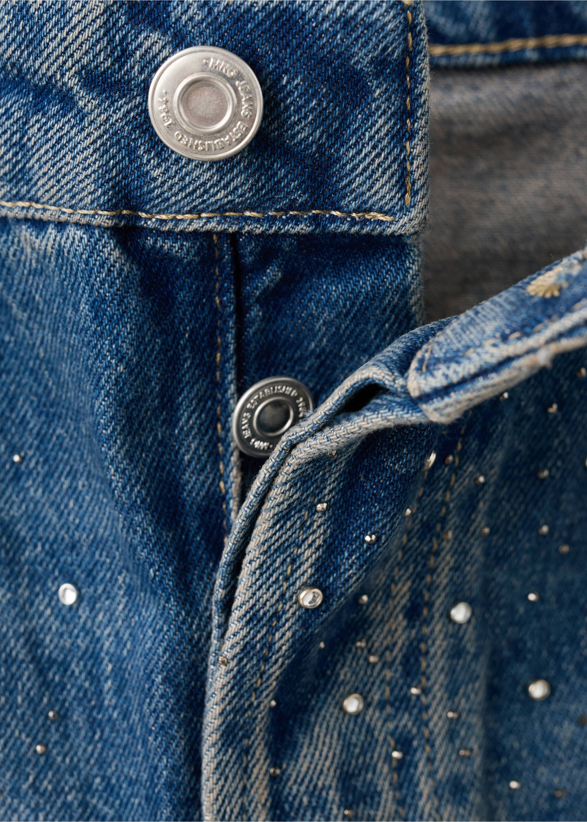 Джинсы wide leg со стразами - Деталь изделия 8, Синий средний. Ref: 27004107-00.