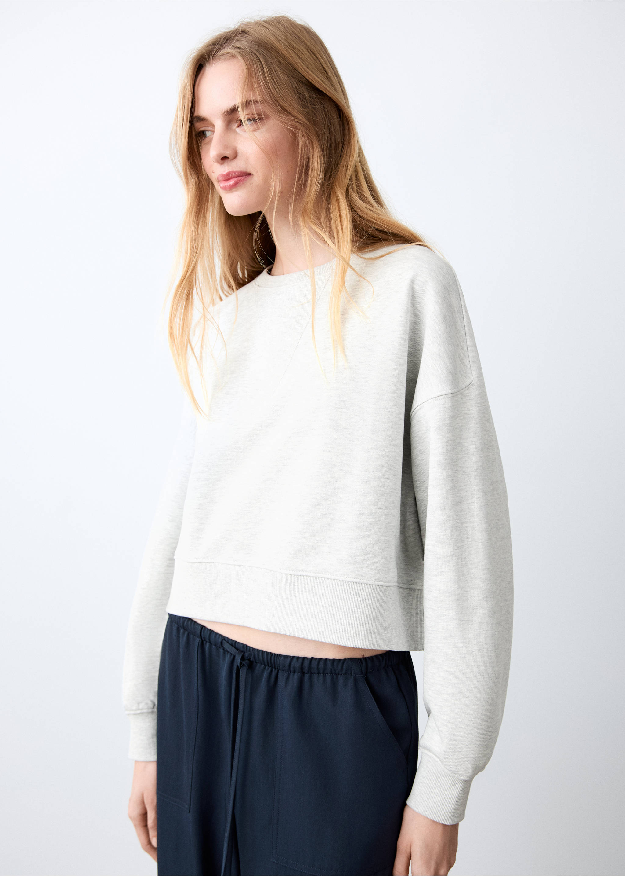 Sweat-shirt crop coton - Plan moyen, Gris chiné clair. Ref: 27004419-00.