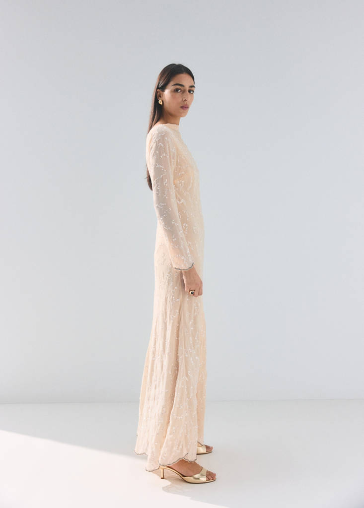 Sequin dress with open back — Ecru