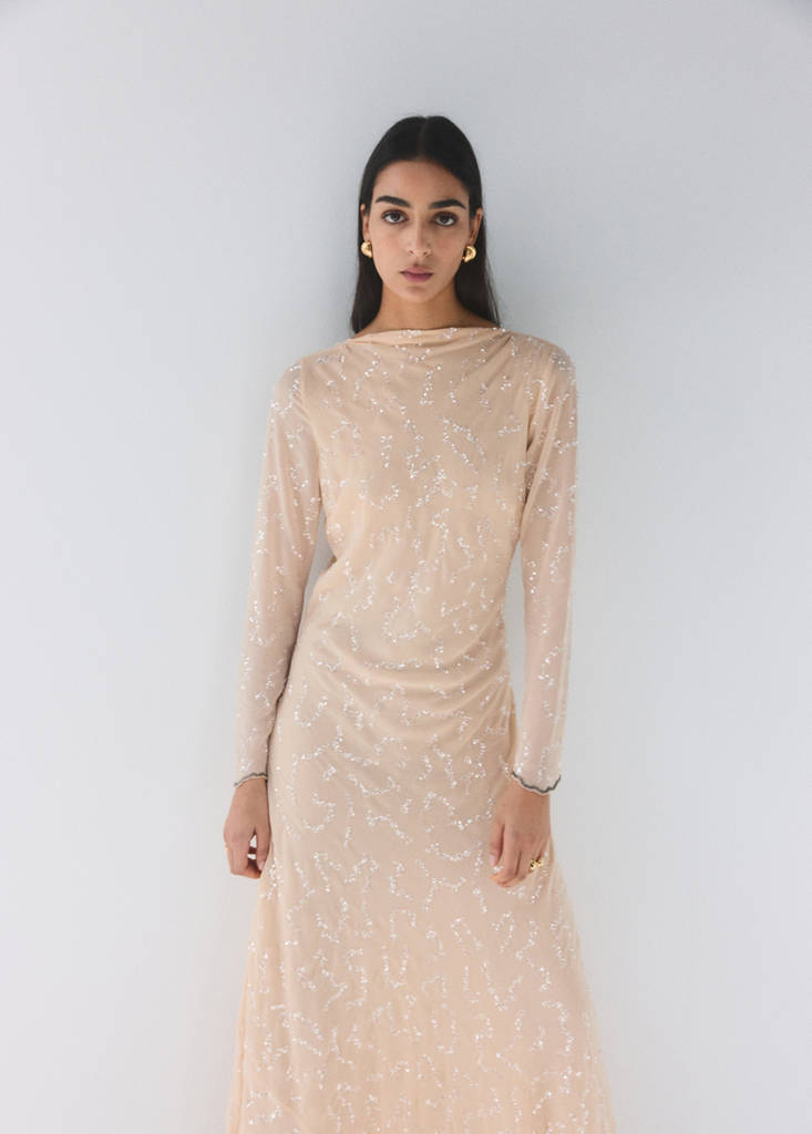 Sequin dress with open back — Ecru